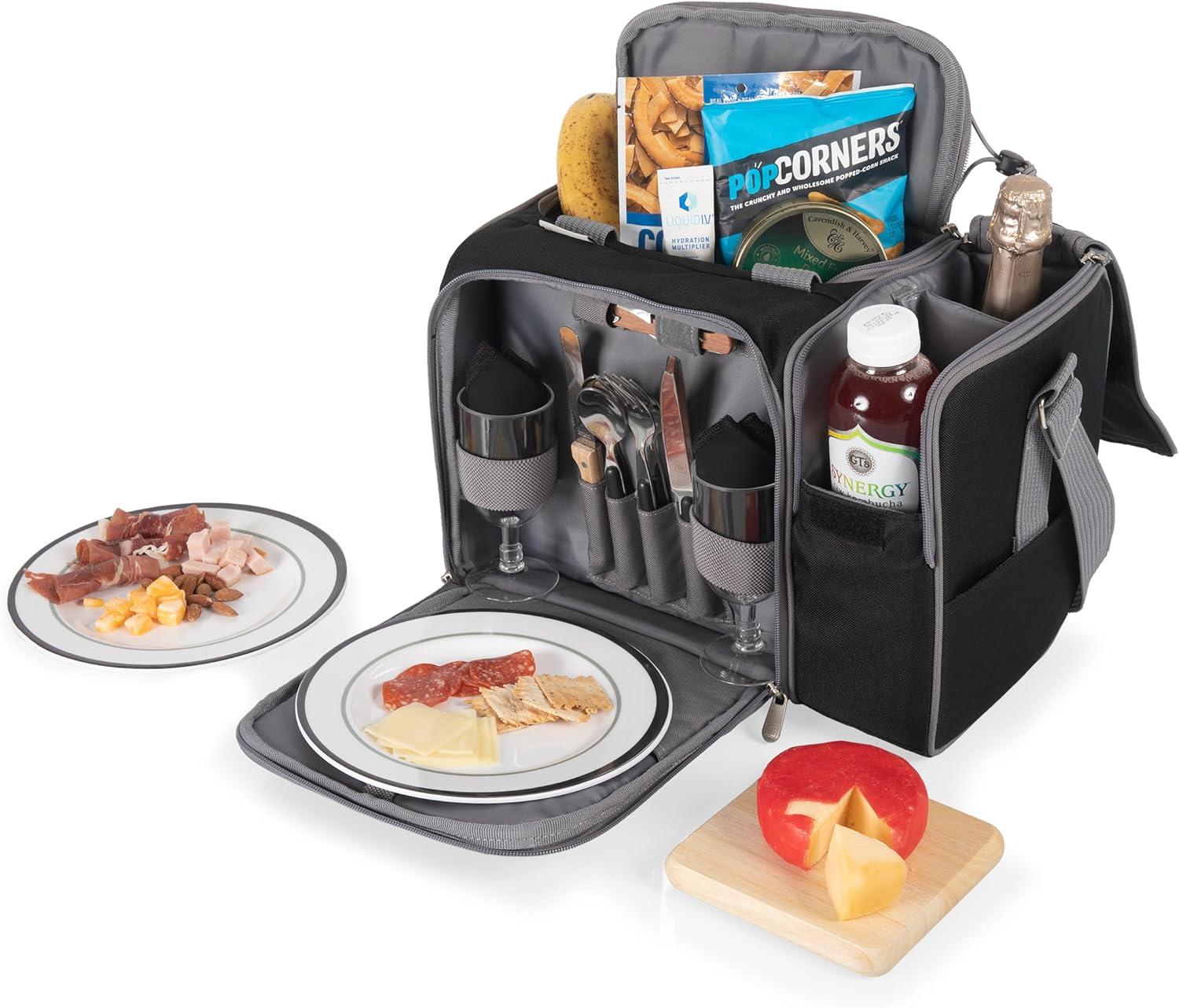 Black and Gray Insulated Picnic Tote with Picnic Set