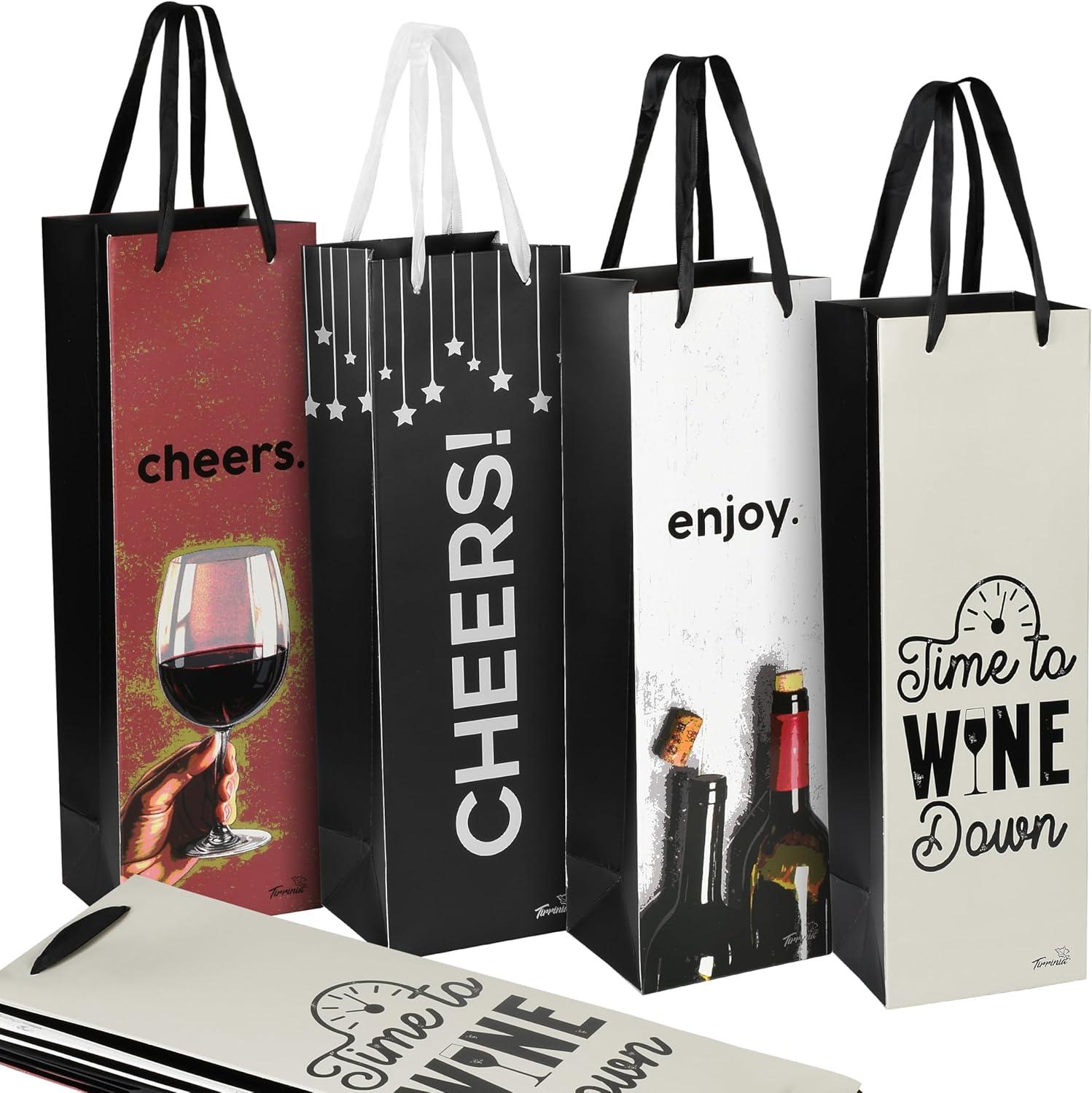 Tirrinia Tirrinia 12 Pieces Wine Gift Bags, 4 Designs Silk Handles Recyclable Paper Wine Bottle Bags