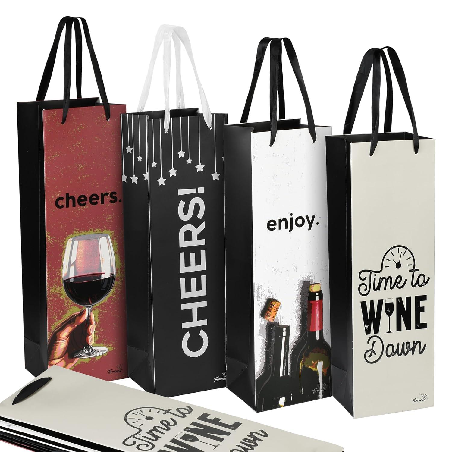 Tirrinia Tirrinia 12 Pieces Wine Gift Bags, 4 Designs Silk Handles Recyclable Paper Wine Bottle Bags