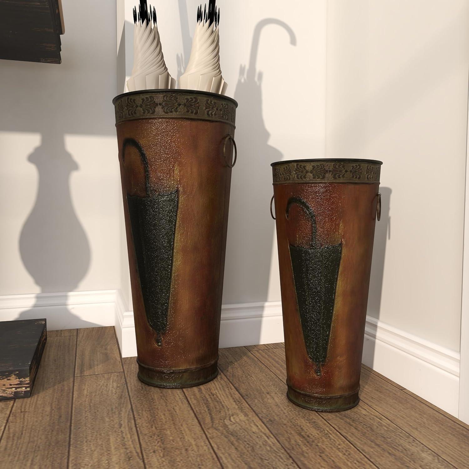 DecMode Brown Metal Umbrella Stand with Umbrella Image and Handles (Set of 2)