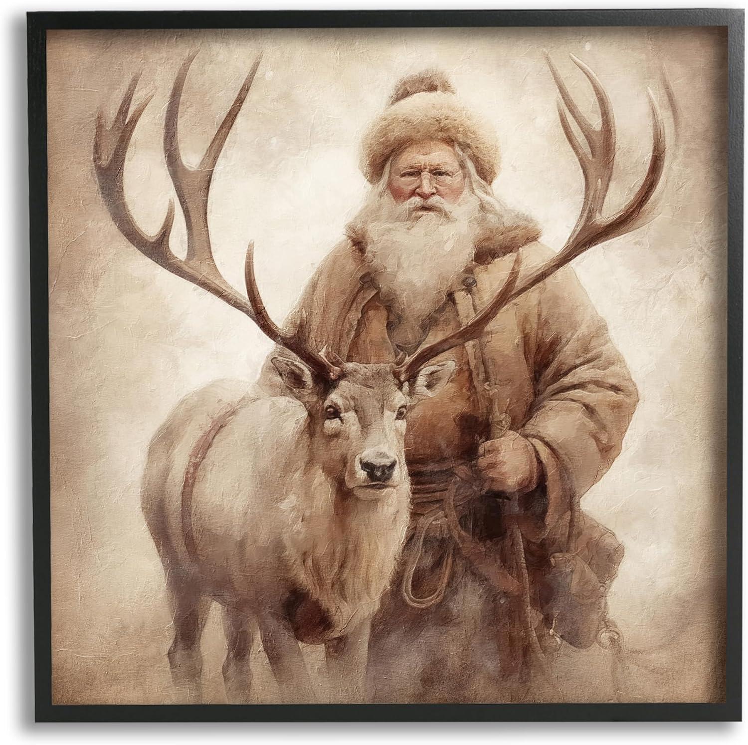 Stupell Industries Traditional Santa & Reindeer Black Framed Giclee Art