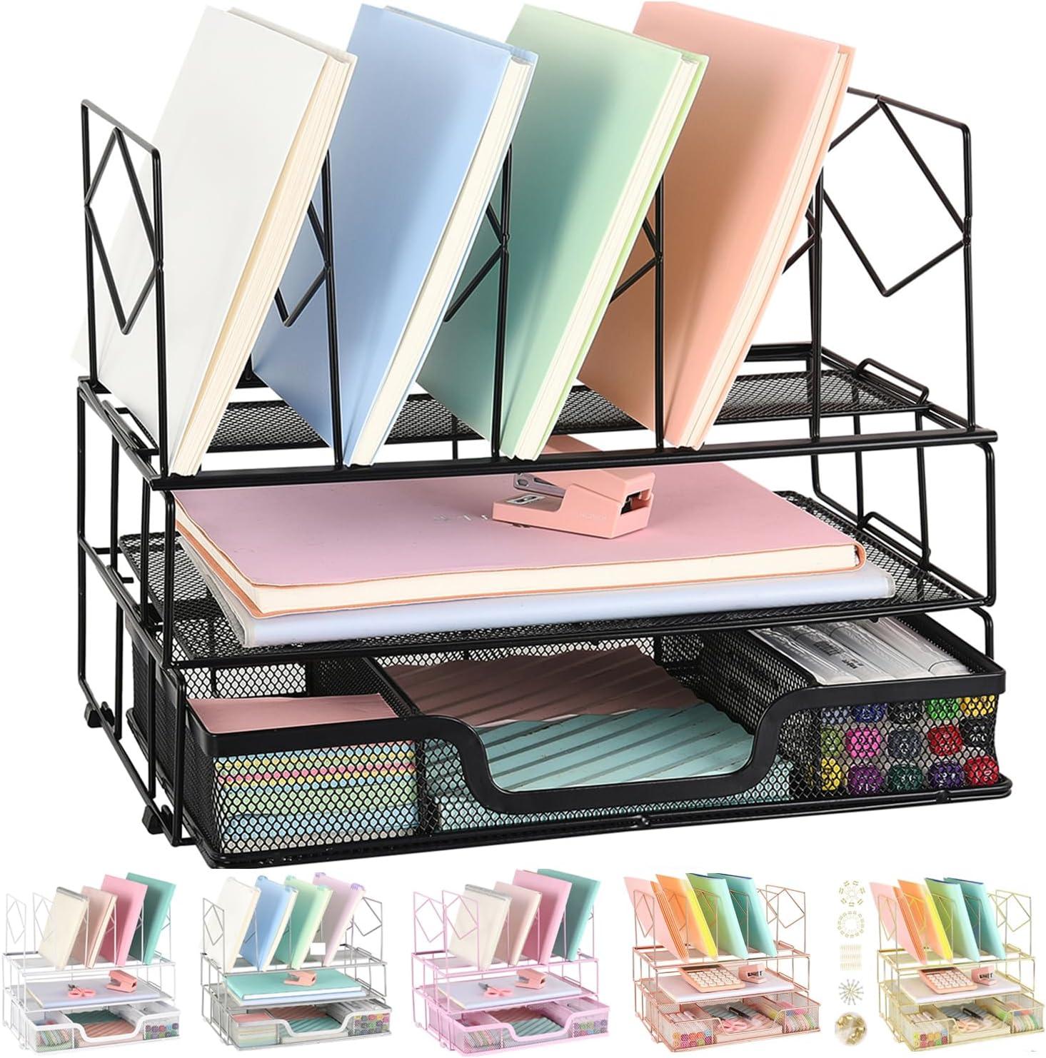 Black Metal Multifunctional Desk Organizer with Double Tray and 5 Upright Sections