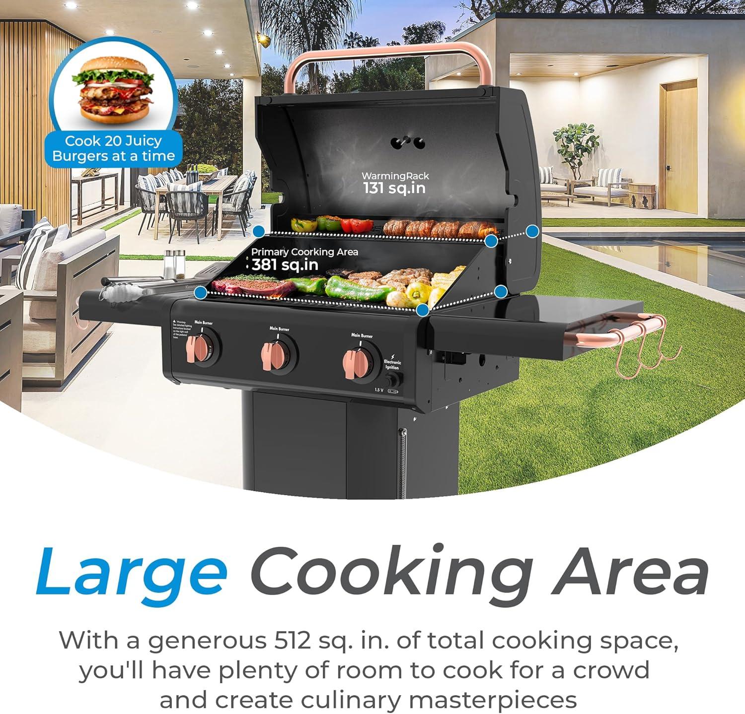 Kenmore 3-Burner Propane Gas Grill with Foldable Side Tables for Outdoor BBQ