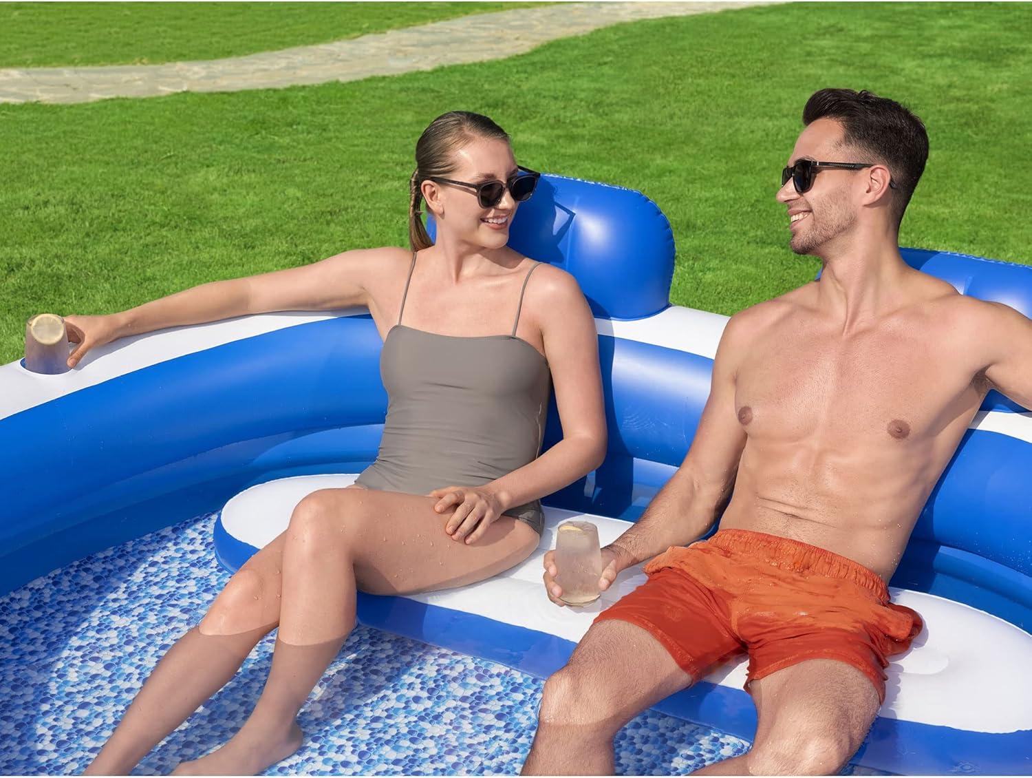 H2OGO! Splash Paradise Outdoor Inflatable Family Swimming Pool with Mosaic Print Floor, Headrests, and Cup Holders, Blue