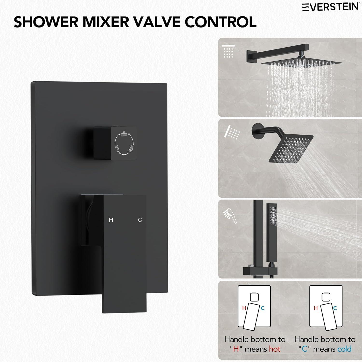 EVERSTEIN DualJetSpa 10-Inch High-Pressure Rainfall Shower Faucet with Handheld Spray, Wall Mount Dual Showerheads System with Slide Bar and Rough-in Valve SFS-1059-BK10