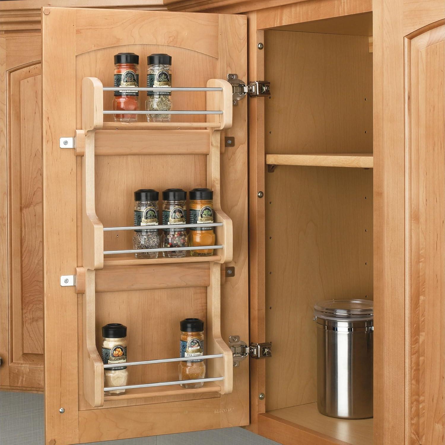 Rev-A-Shelf 4SR-15 Kitchen Cabinet Door Mounted Wooden 3-Shelf Storage Spice Rack with Mounting Hardware