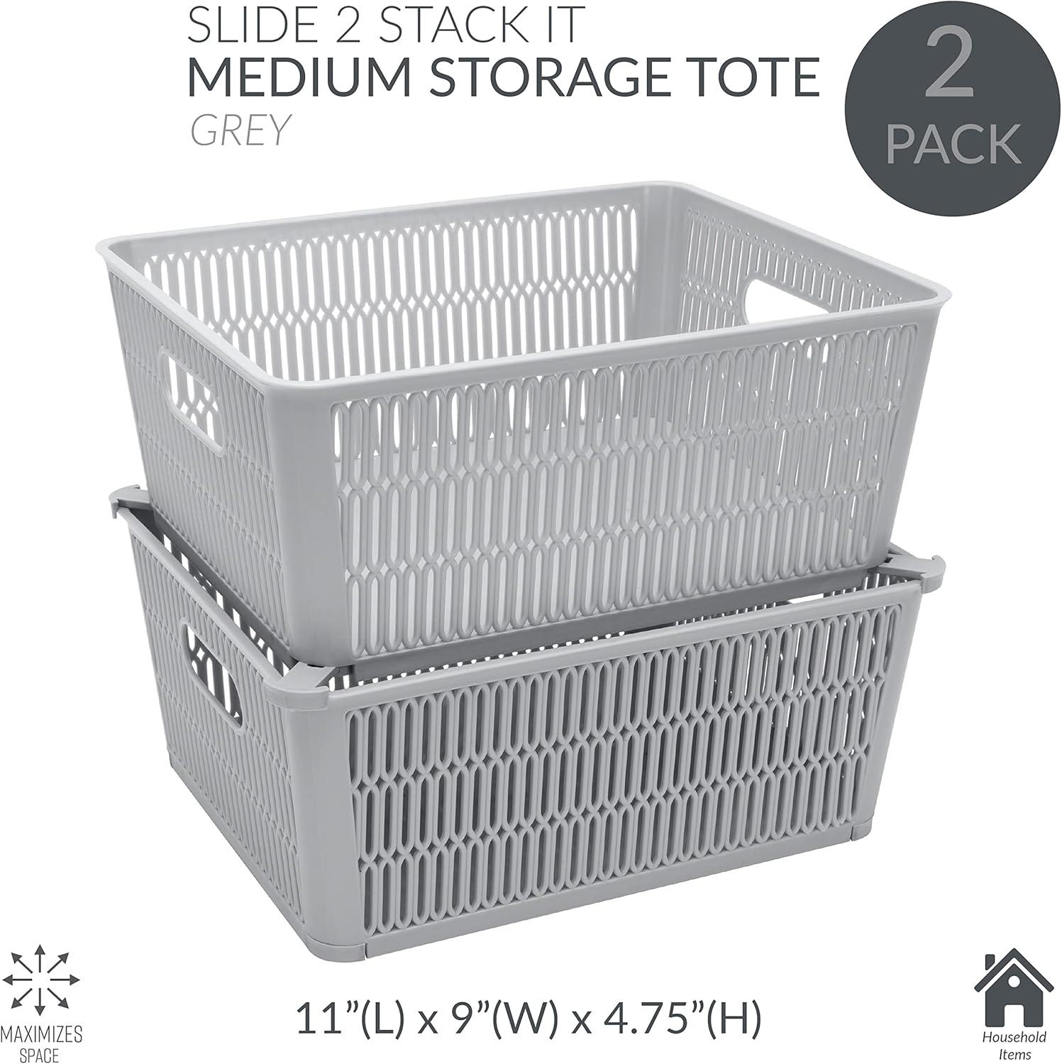 Simplify Slide 2 Stack It 2 Pack Plastic Storage Basket in Grey