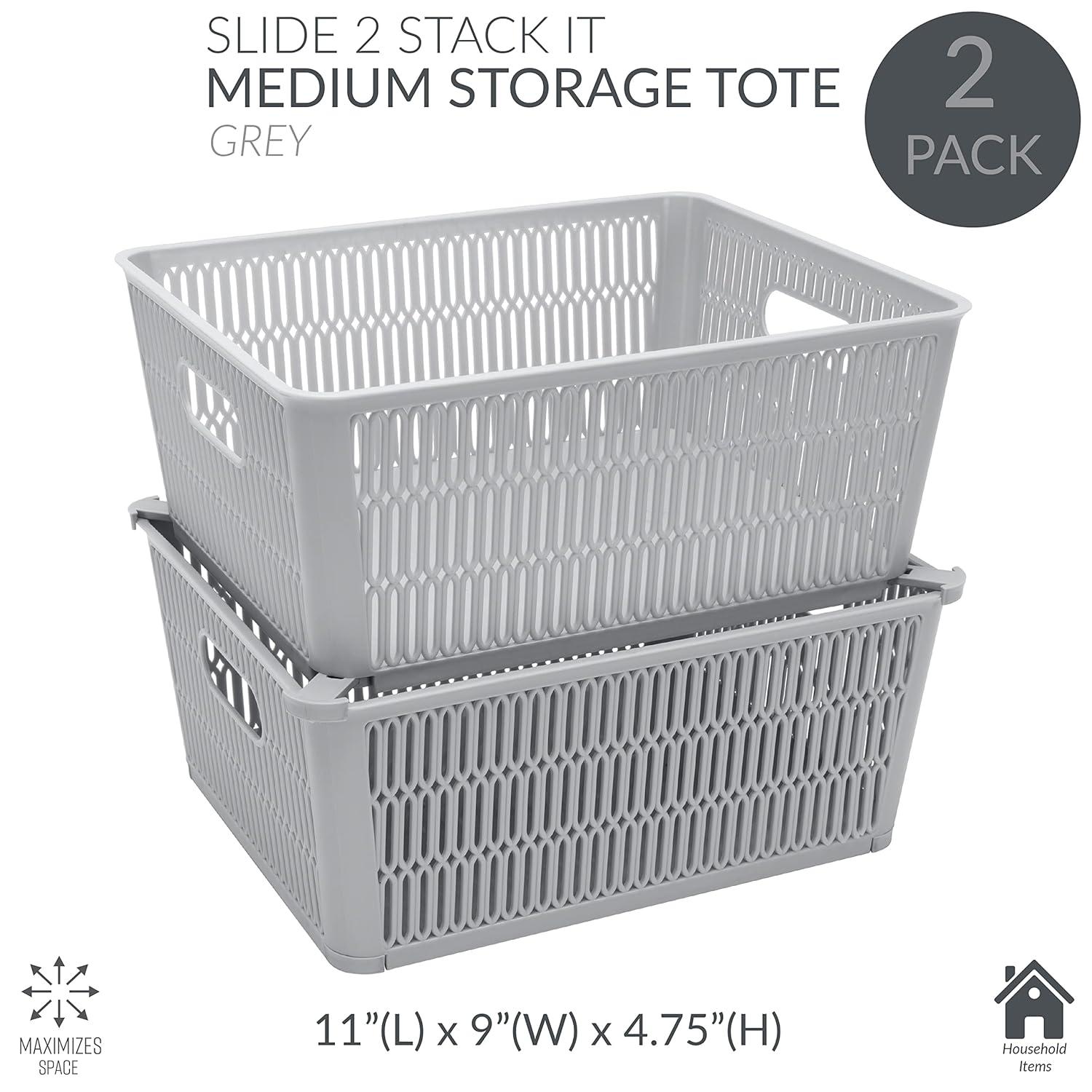 Simplify Slide 2 Stack It 2 Pack Plastic Storage Basket in Grey