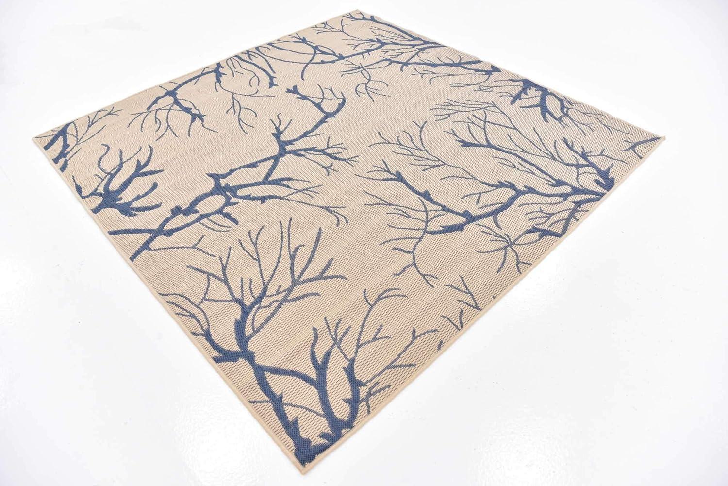 Unique Loom Outdoor Botanical Collection Area Rug - Branch (6' 1" Square Beige and Blue/Blue)