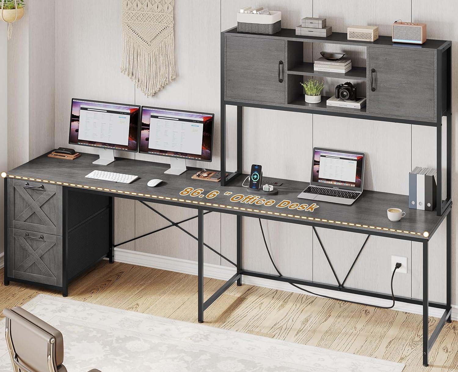 L-Shaped Computer Desk with LED Lights & Hutch & Pegboard, Reversible Gaming Desk with Monitor Stand & Drawers for Home Office, Black
