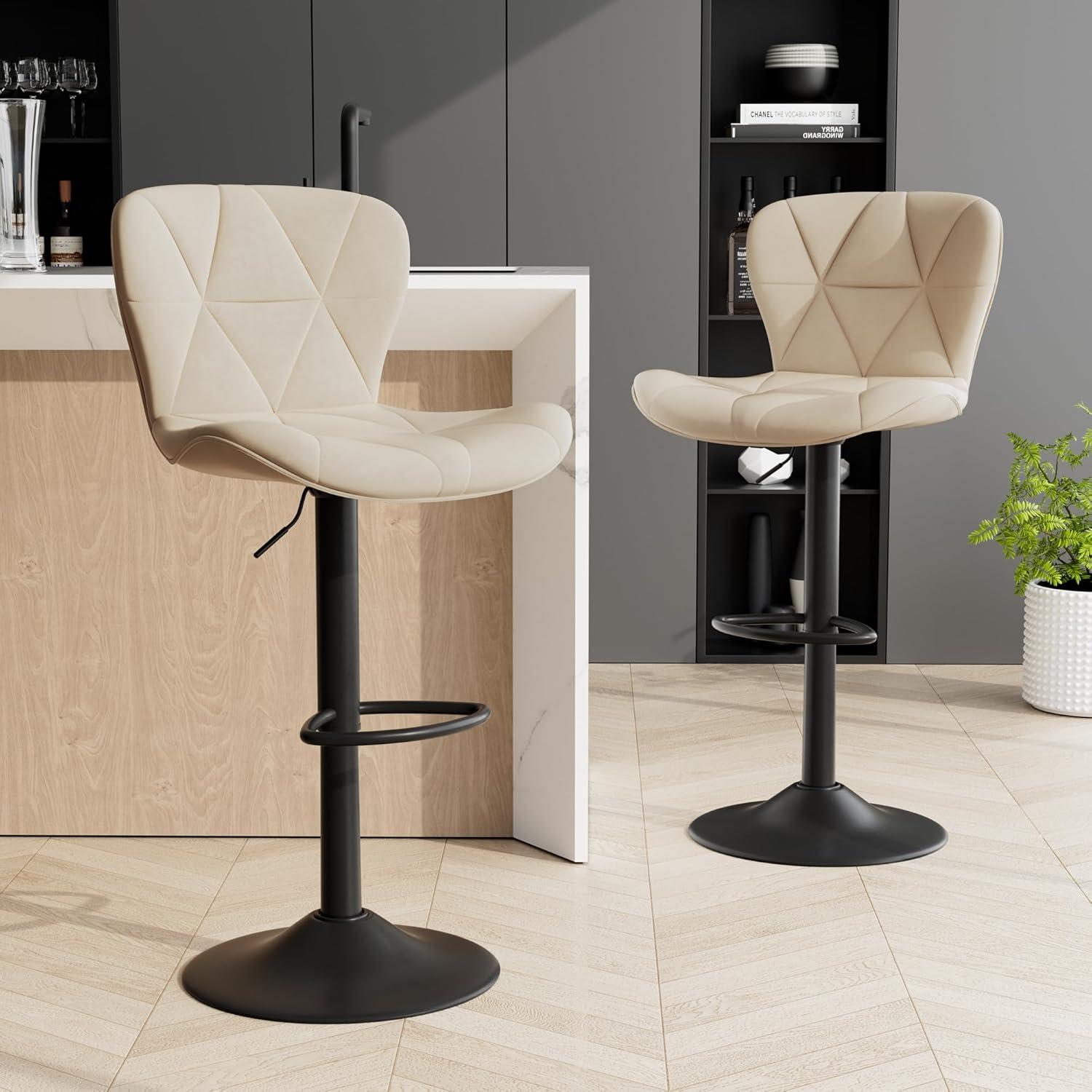 Modern Bar Stool Set of 2, Adjustable Faux Leather Upholstered Swivel Counter Stools, Counter Barstools with Back for Kitchen Island, Khaki