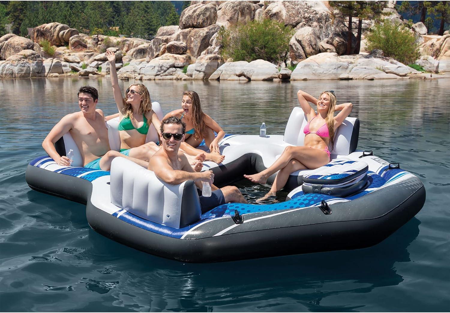 Intex Blue Tropic Inflatable Lake or Swimming Pool Island Water Floating Lounger Raft with Backrests, Built-In Cooler, and 4 Cupholders