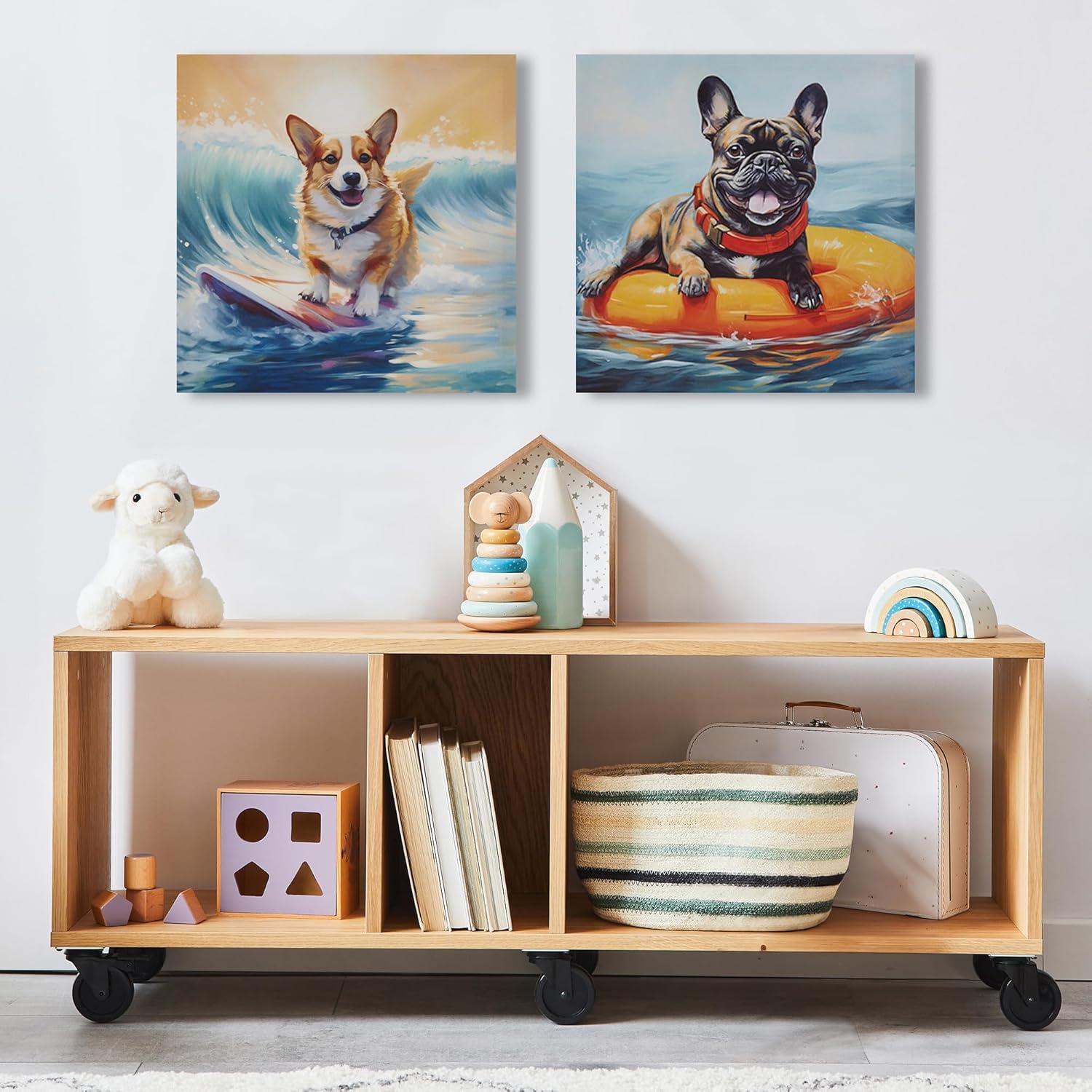 Madison Park 16"x16" Beach Playful Lively Dogs Print Canvas Wall Decor Art Corgi Blue: Farmhouse Style, Animal Theme for Living Room