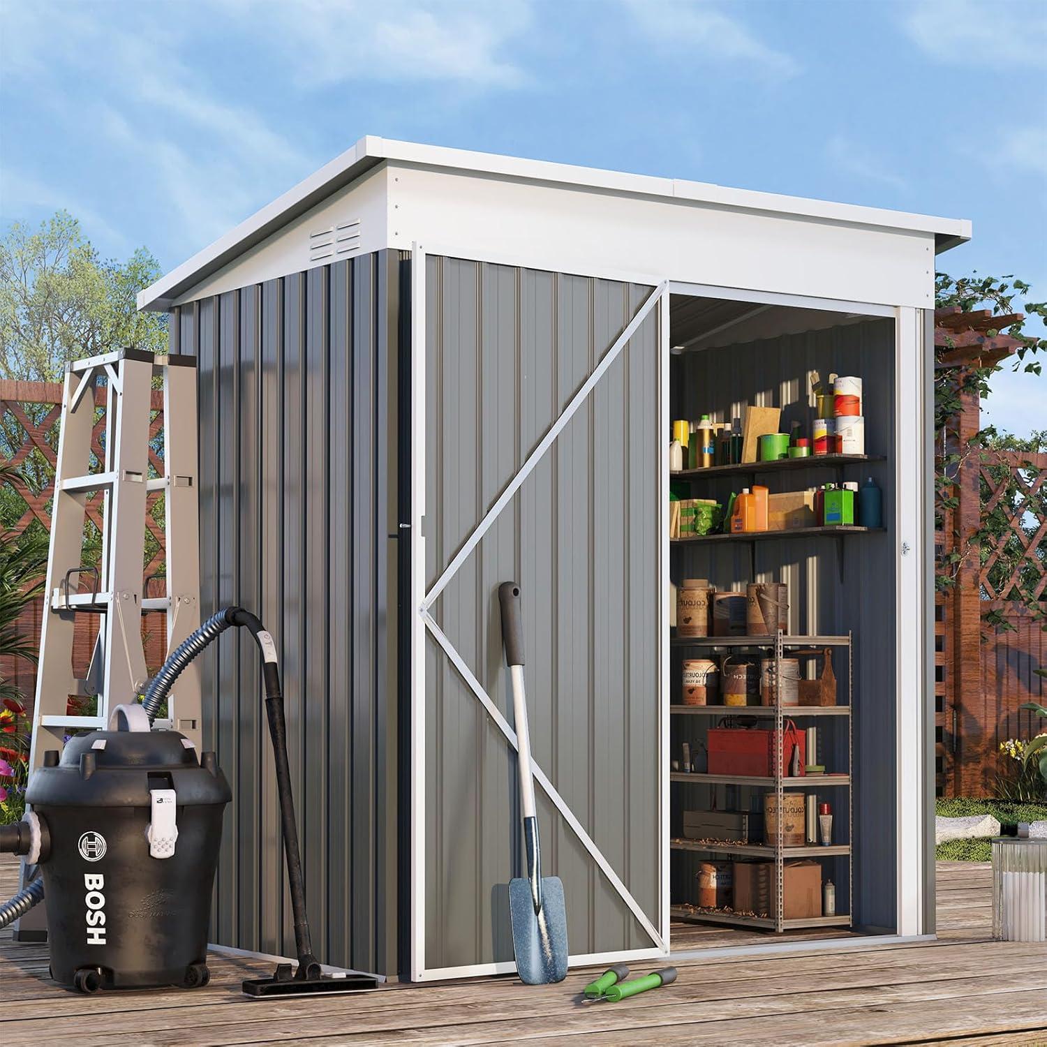 AECOJOY 12' x 10' Outdoor Storage Shed with Lockable Door Patio Metal Garden Storage Building in Dark Gray for Outside