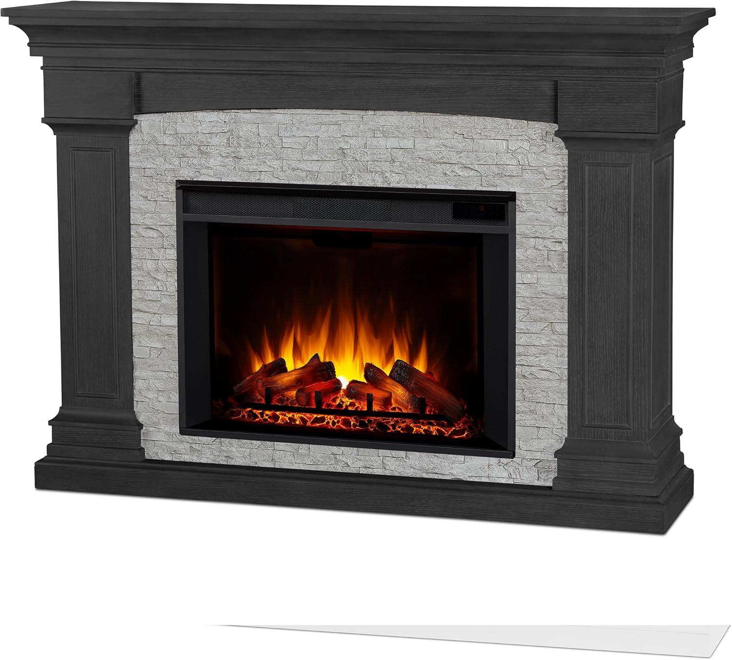 Deland 63" Gray Stone Electric Fireplace with Mantel