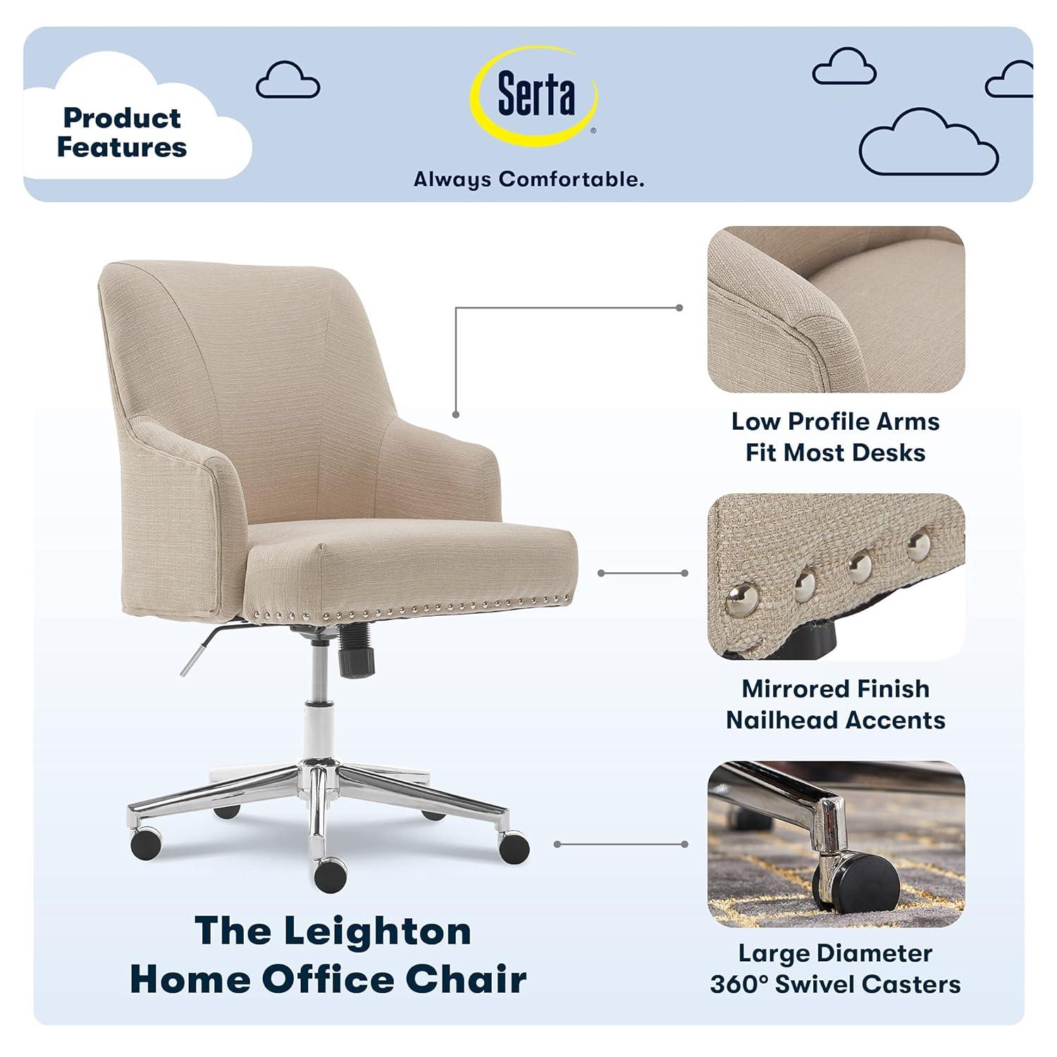 Serta Serta Leighton Mid-Back Office Chair with Chrome Nailheads, Memory Foam Cushion, Padded Armrests