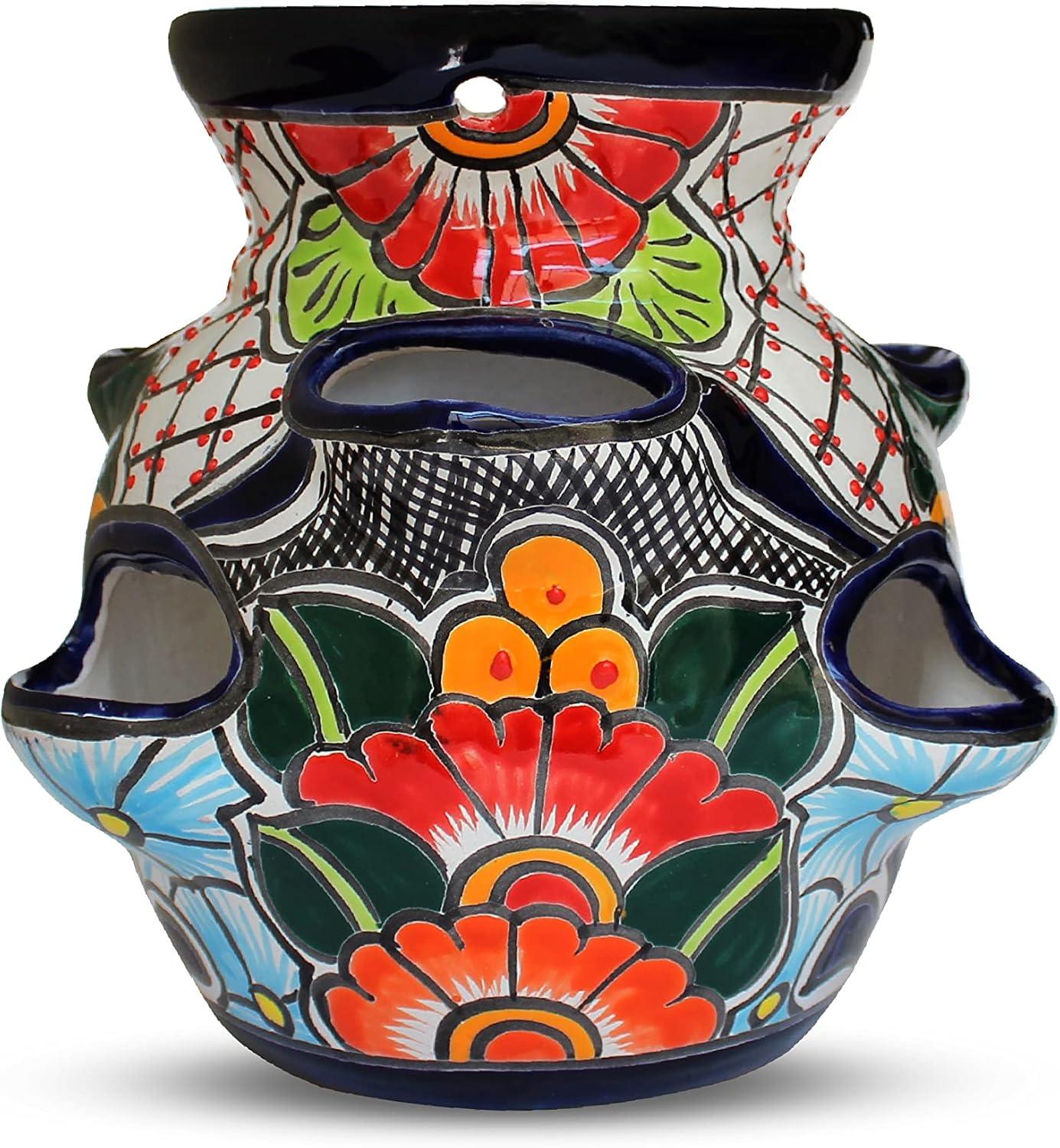 Talavera Sky Blue Ceramic Round Flower Planter with Drainage Holes