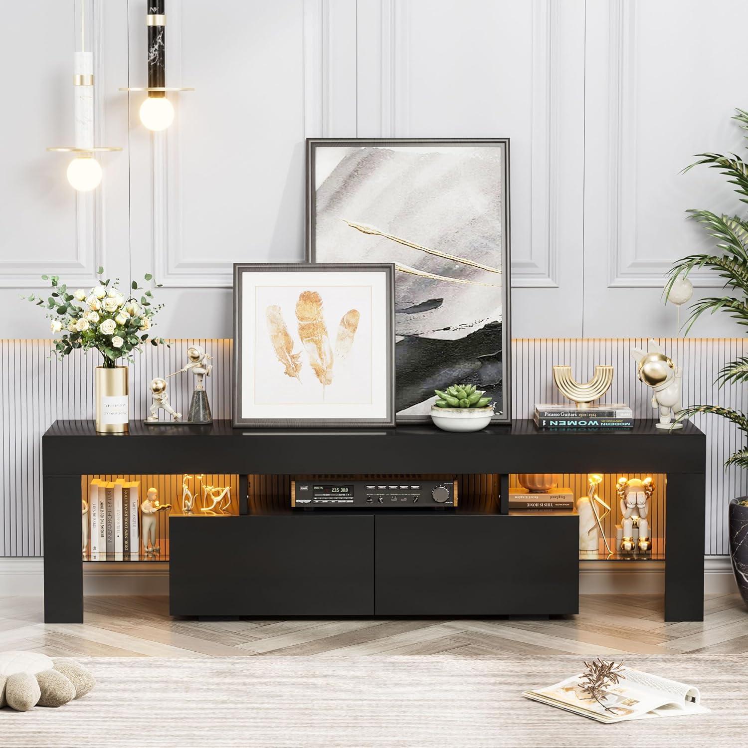 Homall  TV Stand for 65-Inch TV with Led Lights, High Gloss Cabinet and Storage Rack, Gaming Console Entertainment Center in Living Room Bedroom Media Floor,Black