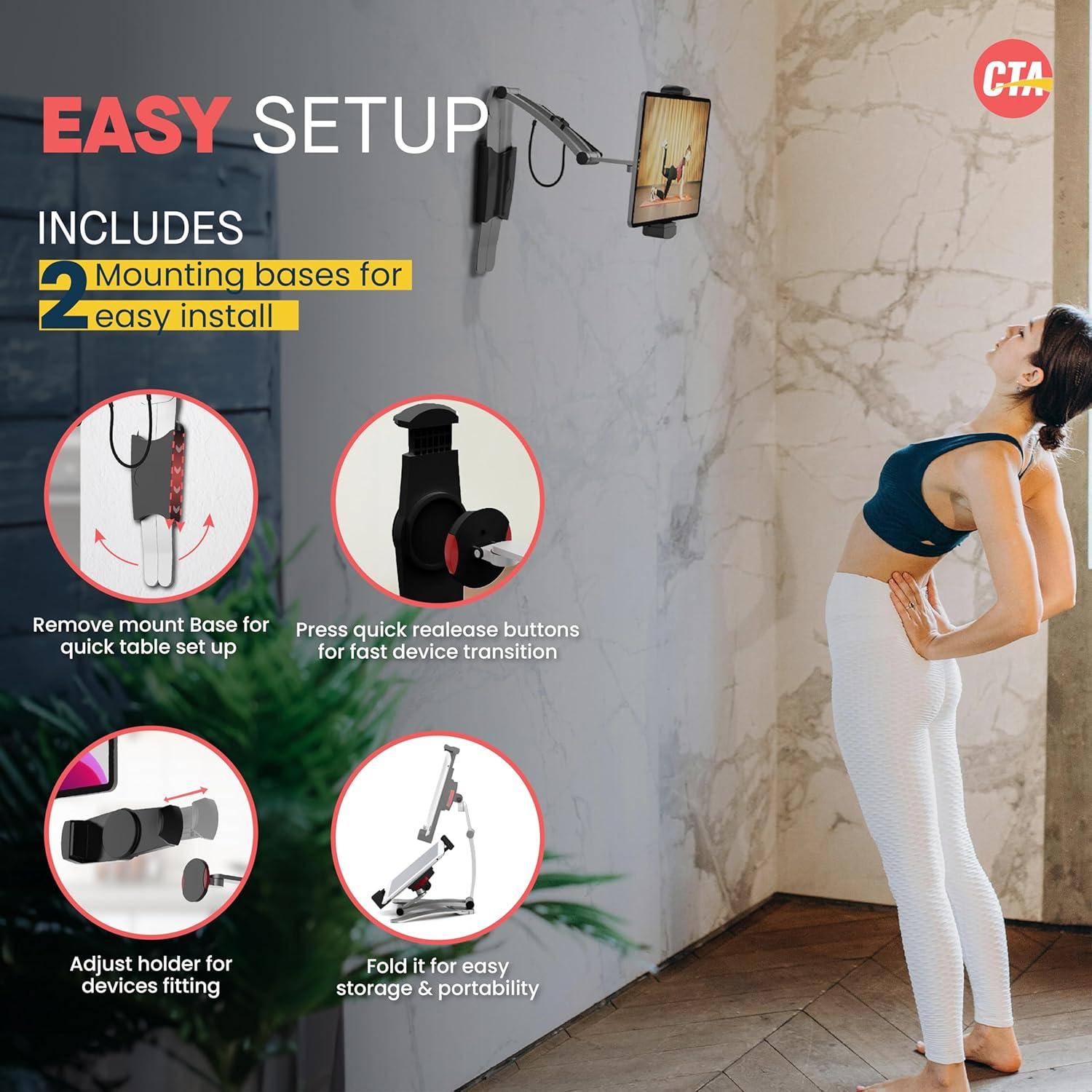 3-in-1 Mount Stand – CTA Multi-Flex Tablet Base and Support Installs on Walls or Folds for iPad 10th Gen 10.9" - 7/8/9 Gen 10.2” - Air 4 - Pro 11” - Galaxy Tab S3 - Silver (PAD-KMSB)
