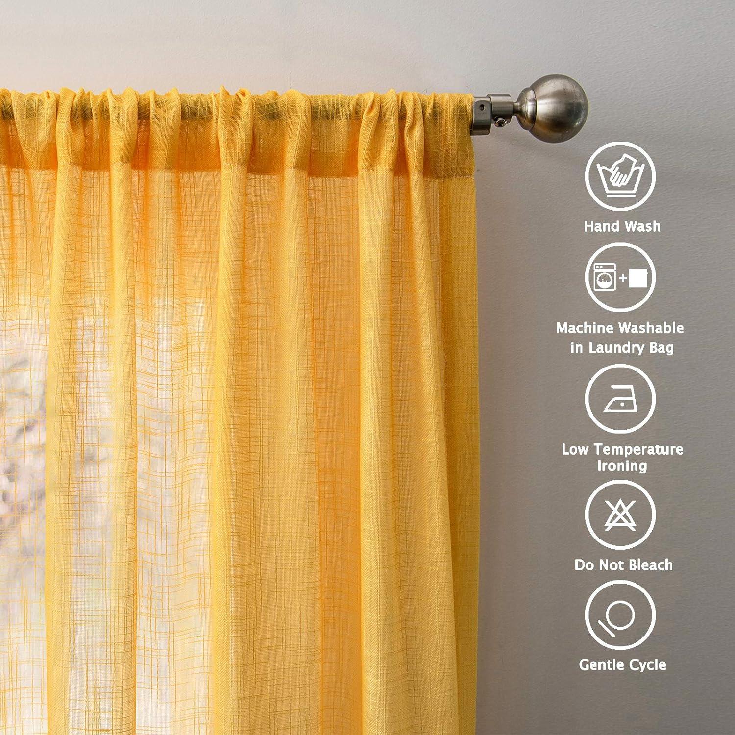 Melodieux Yellow Grey Linen Textured Ombre Semi Sheer Curtains 63 Inches Length for Bedroom Living Room Kids Nursery Golden Sunshine Rod Pocket Gradient Drapes, 52 x 63 Inch (2 Panels)