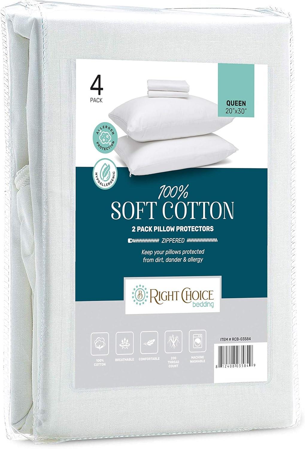 Right Choice Bedding 100% Cotton Queen Pillow Protectors with Zipper– (4 Pack)