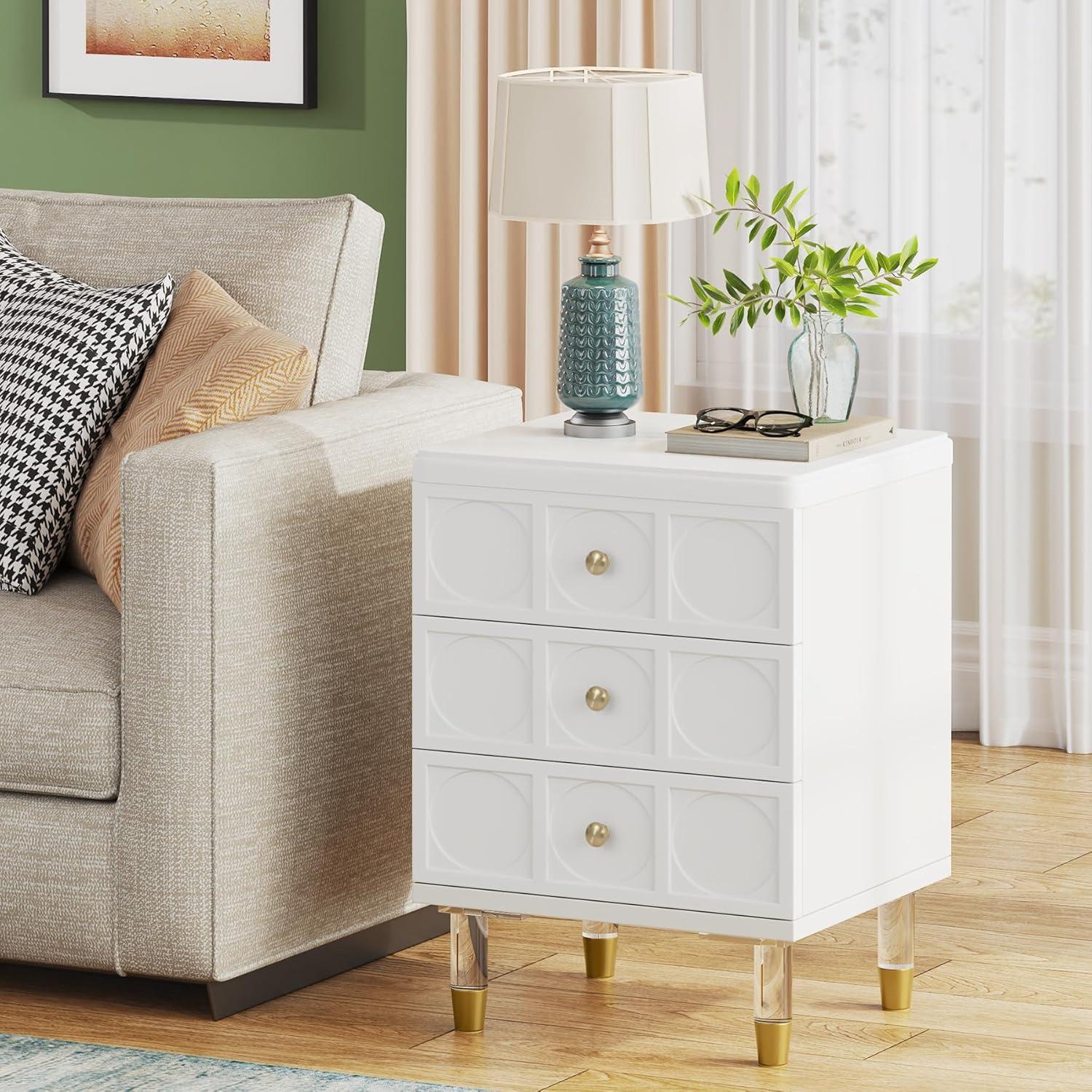 White and Gold 3-Drawer Nightstand with Acrylic Legs