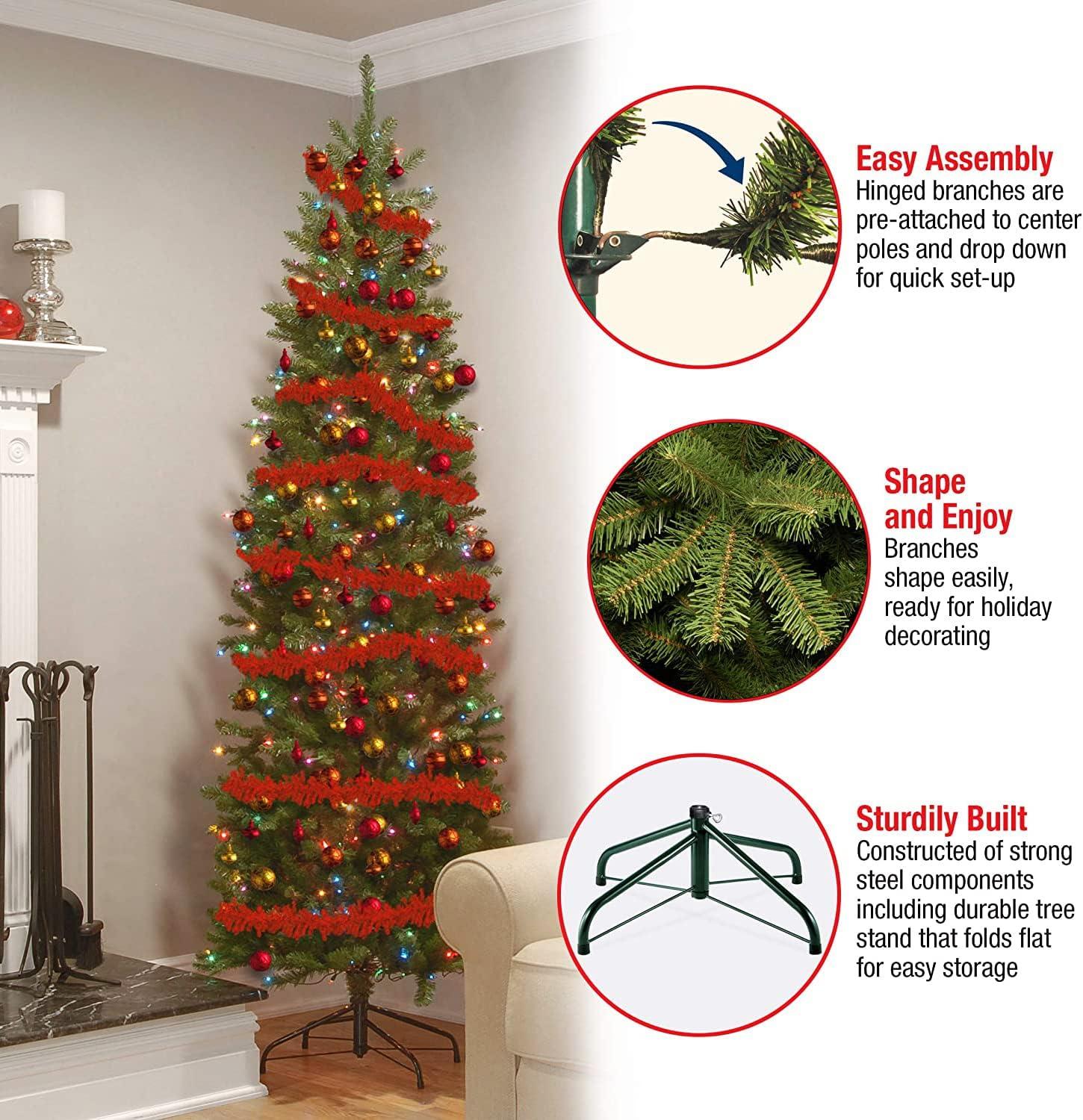 National Tree Company 7 ft Artificial Pre-Lit Slim Christmas Tree, Green, Kingswood Fir, Multicolor Lights, Includes Stand