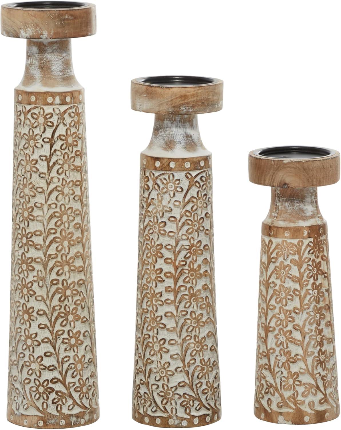 Set of 3 Rustic Cylindrical Mango Wood Candle Holders - Olivia & May