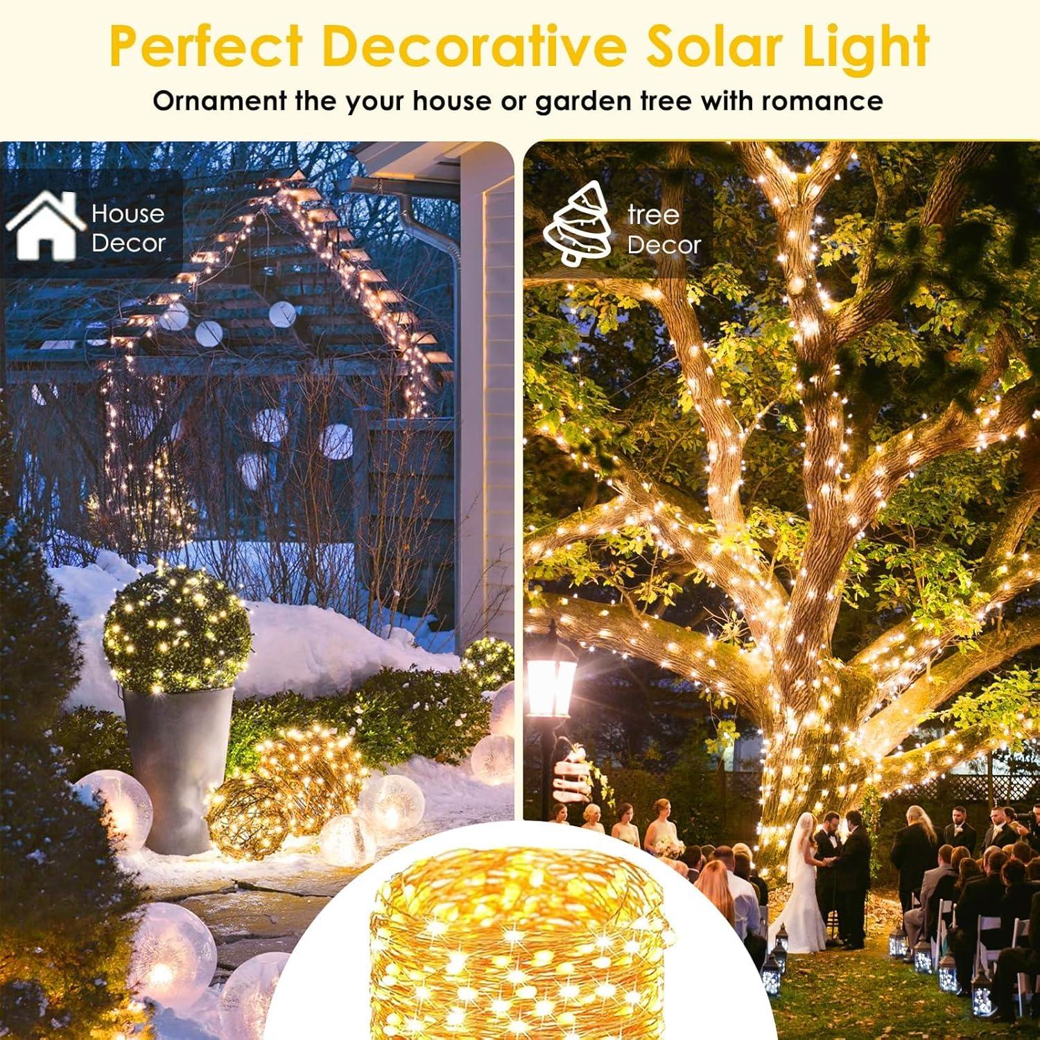 Extra-Long Solar String Lights Outdoor, 2-Pack Each 72FT 200 LED Super Bright Solar Lights Outdoor, Waterproof Copper Wire 8 Modes Solar Fairy Lights for Garden Patio Tree Party Wedding (Warm White)