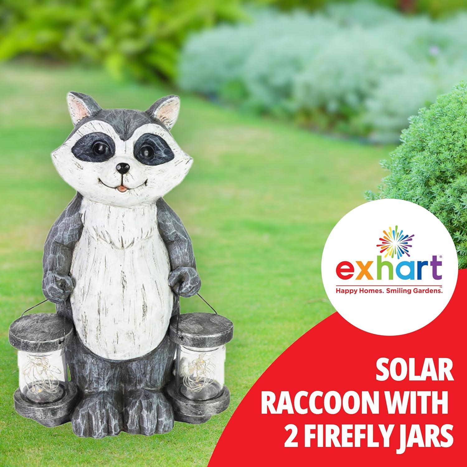 Exhart Solar Firefly Jar Raccoon Garden Statuary, 10 Inches tall