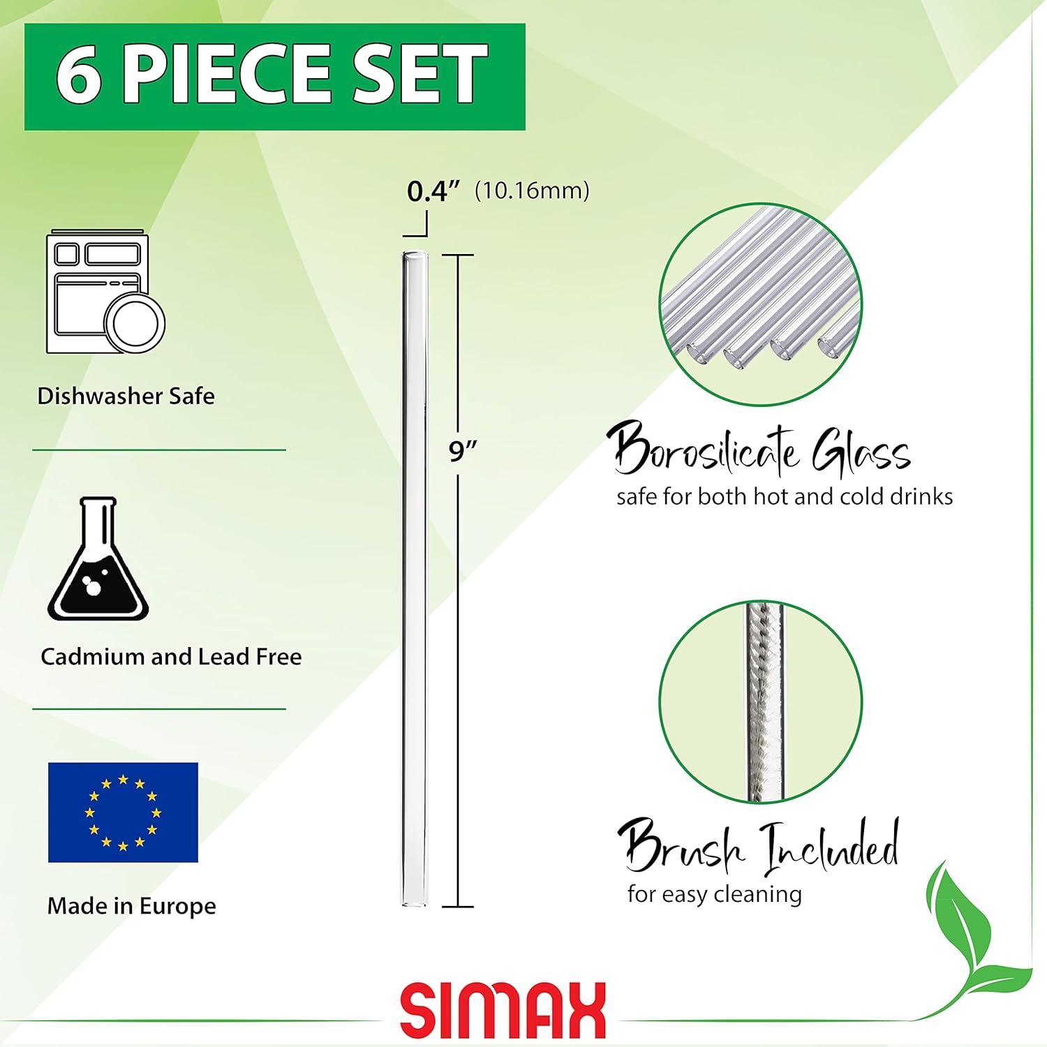 Simax Reusable Glass Drinking Straws - For Smoothies, Boba, Milkshake, Iced Coffee, etc. - Shatter Resistant Borosilicate Glass Straws For Hot And Cold Drinks - Pack of 6 Drinking Straws With Brush