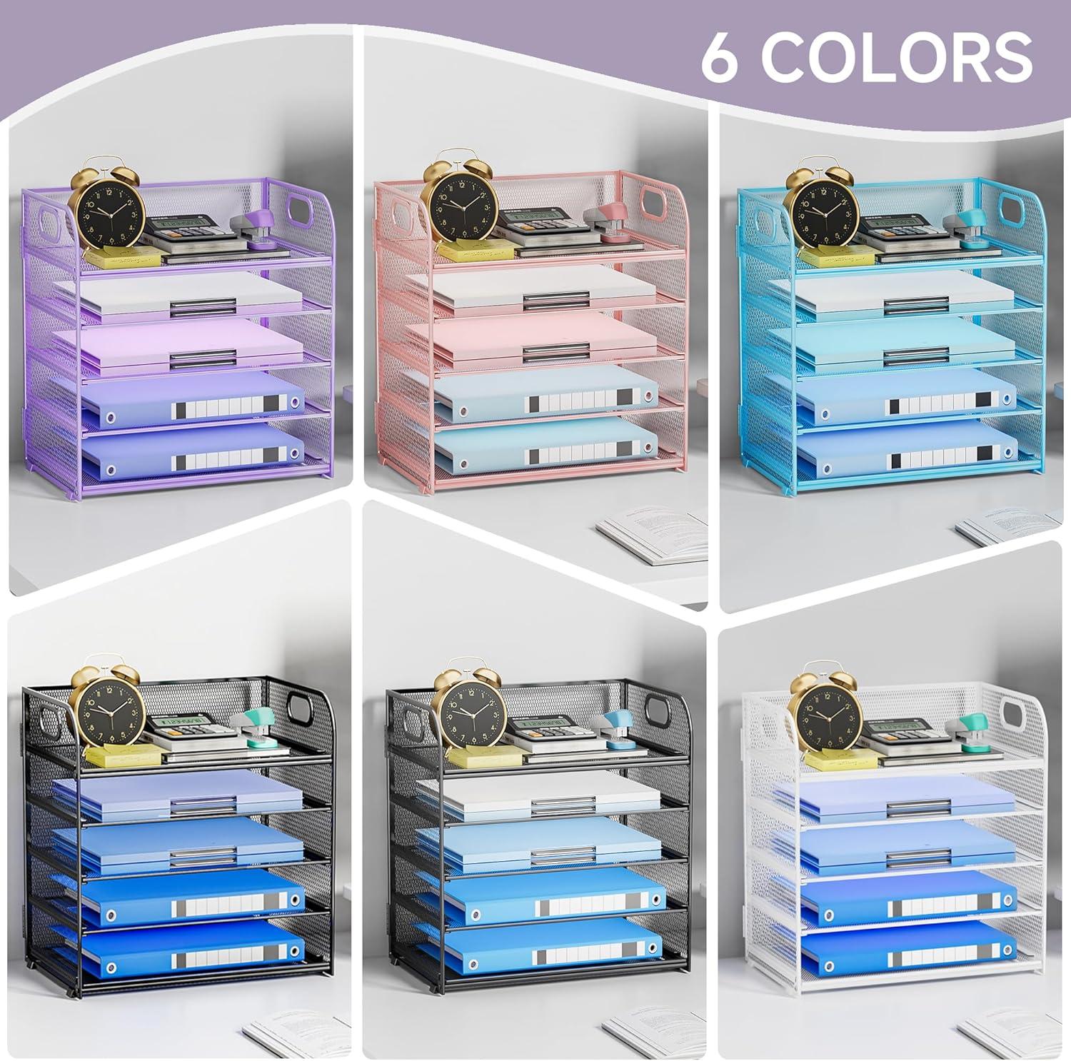 Marbrasse Paper Organizer Letter Tray, 5 Tier Mesh File Organizer with Handle, Paper Sorter Desk Organizer for Home Office Supplies - Purple