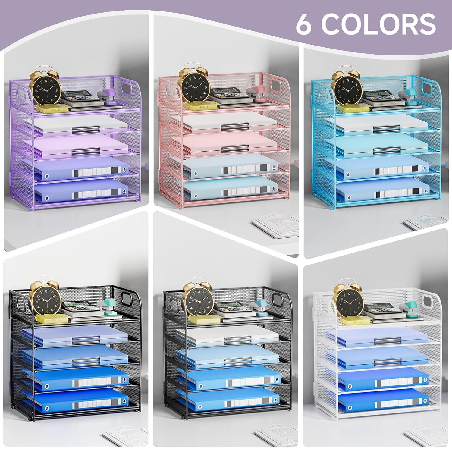 Marbrasse Paper Organizer Letter Tray, 5 Tier Mesh File Organizer with Handle, Paper Sorter Desk Organizer for Home Office Supplies - Purple