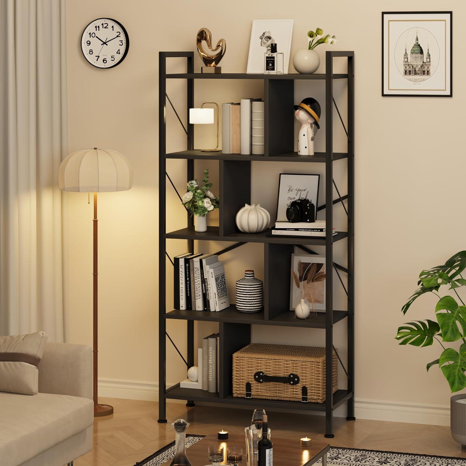 Black 61 Inch Industrial 5-Tier Bookshelf with Metal Frame