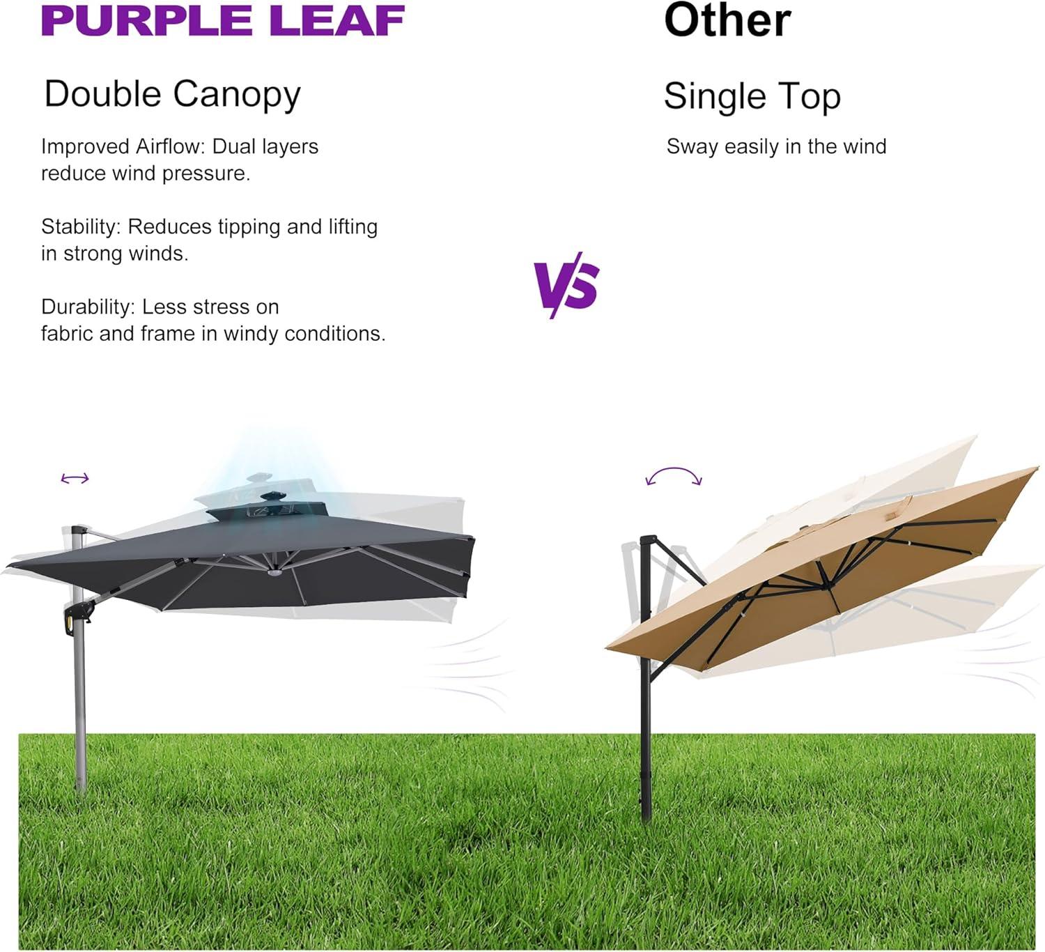 PURPLE LEAF 11FT Square Double Top Deluxe Solar Powered LED Patio Umbrella Outdoor Cantilever Umbrella, Gray