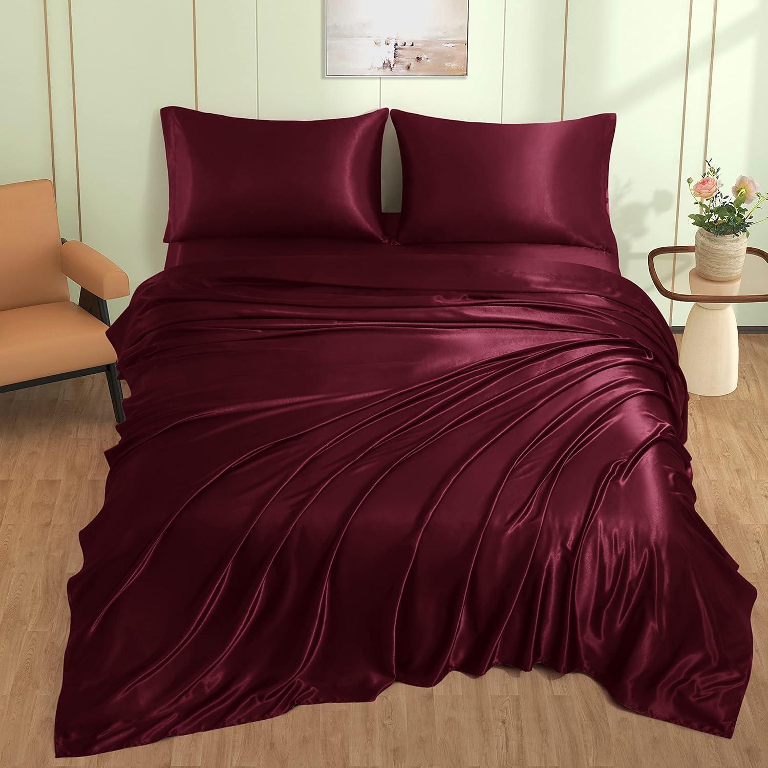 Cloud Fino Luxurious Satin Bed Sheets Burgundy Silk Sheets King 15 " Deep Pocket Pillowcases Sheet, 4-Piece