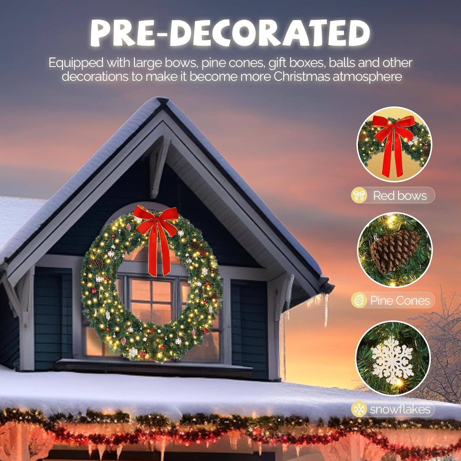 60in Green PVC Bow Decoration Garland with 220 LED Lights, 600 Branches - Perfect for Holiday Home Decor and Garden Parties