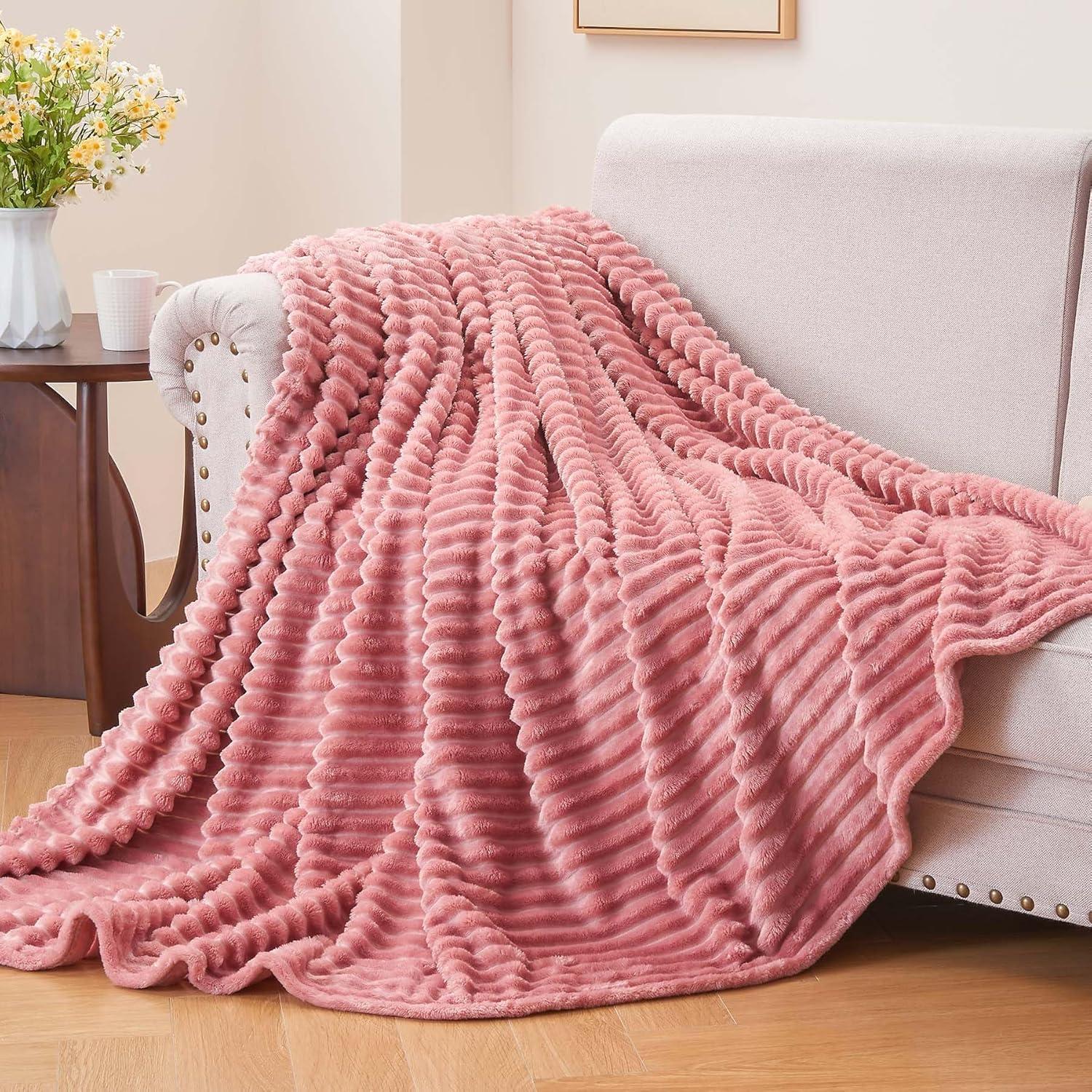 Pink Ribbed Fleece Reversible Throw Blanket 60x50 Inches