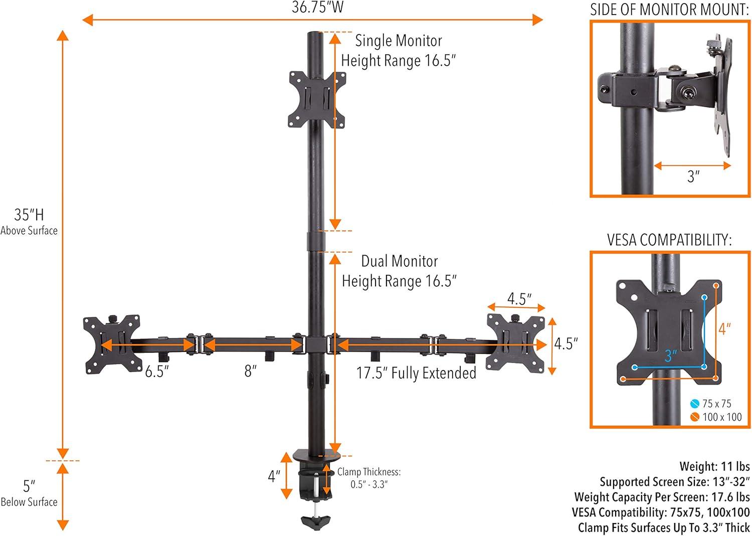 Black Adjustable Triple Monitor Desk Mount with Clamp Base