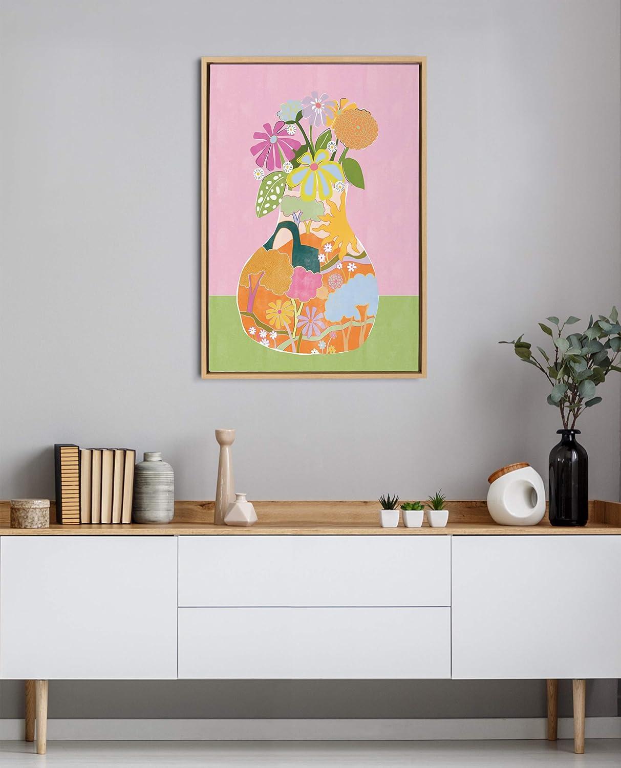 Whimsical Floral Vase Print on Canvas with Natural Frame