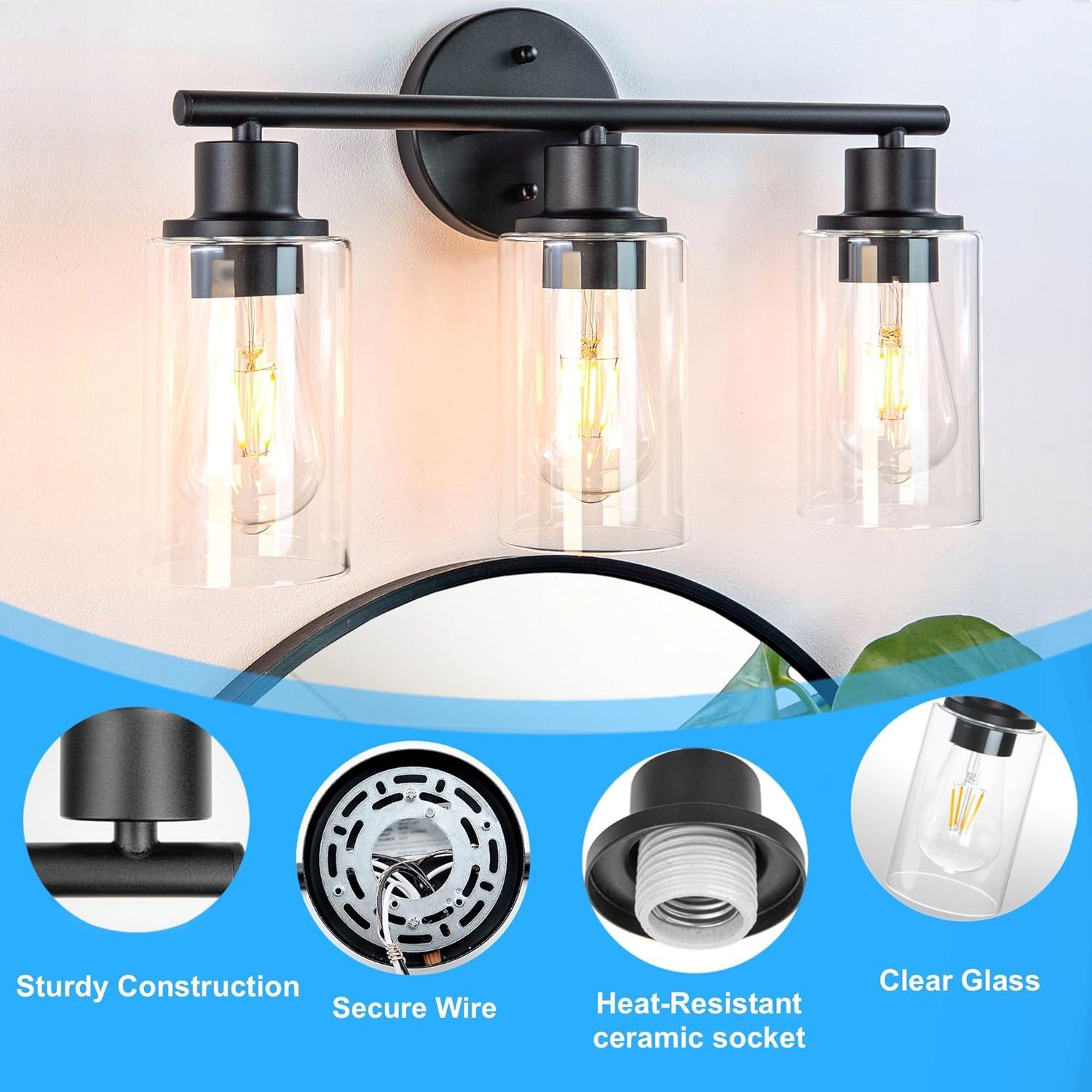 3-Light Bathroom Light Fixtures Bathroom Vanity Lights with Clear Glass Shades Matte Black Bathroom Light Fixtures over mirror for Mirror Living Room Cabinet Bedroom Porch