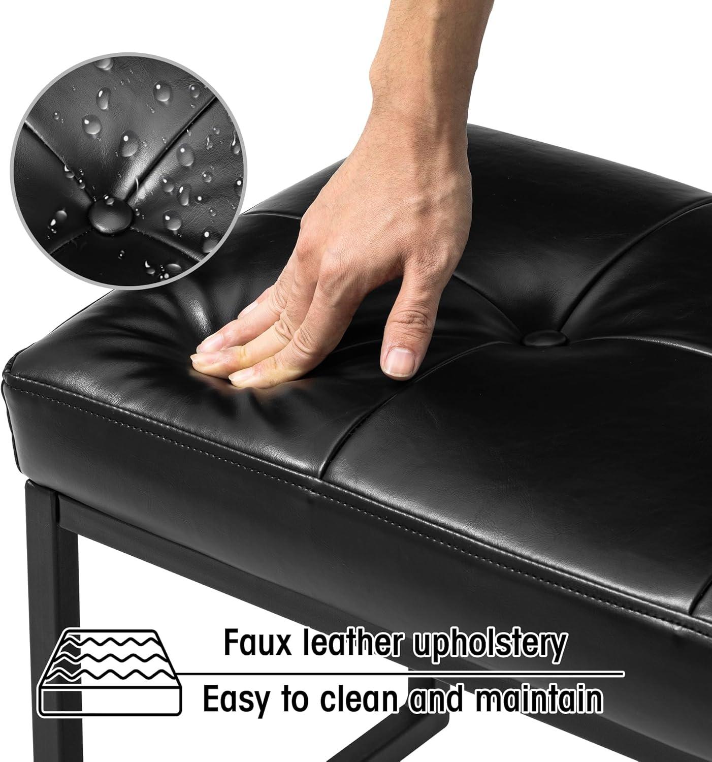Modern Black Faux Leather Tufted Ottoman with Metal Frame
