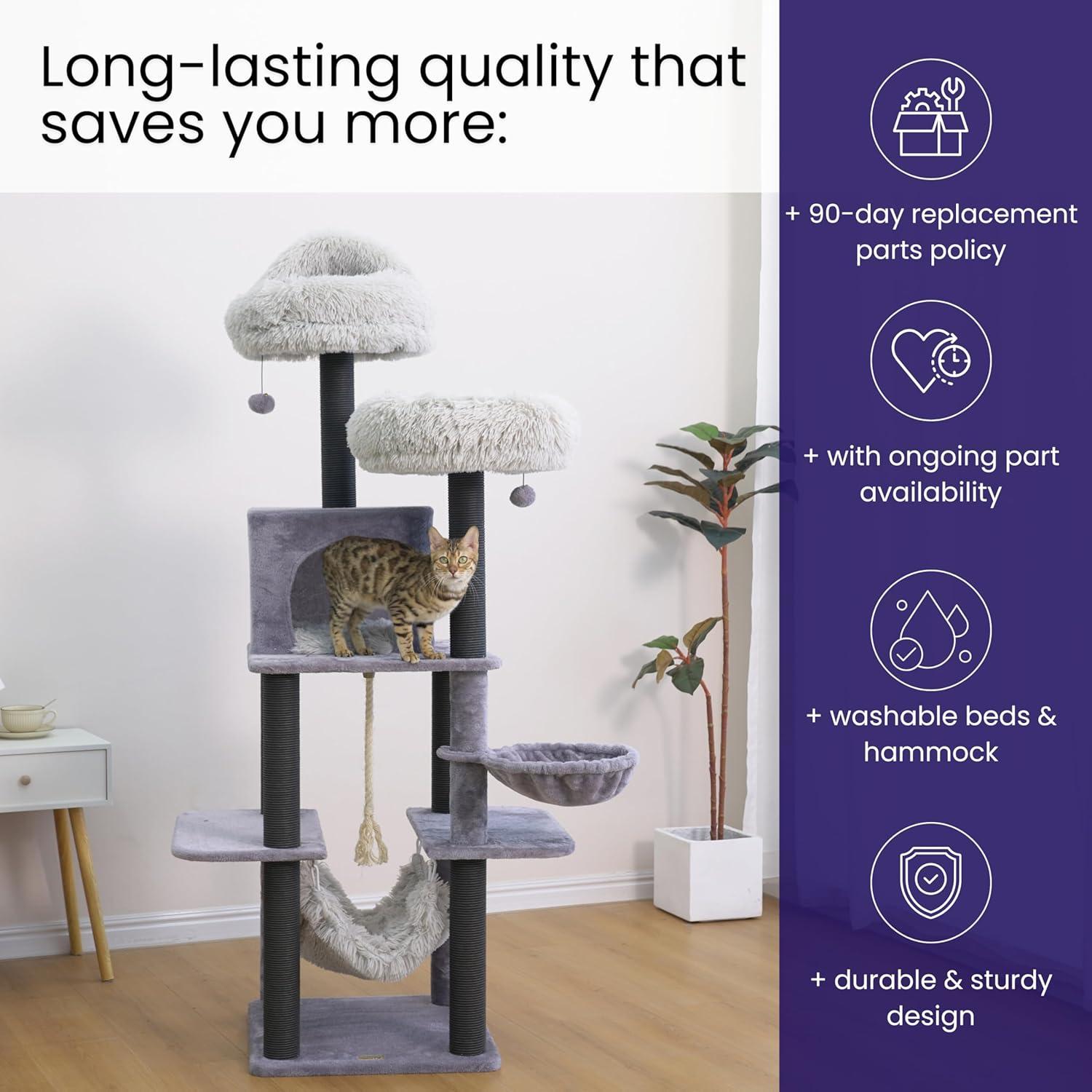 Catry Bradbury 7-Level 62.5” Modern Cat Tree with Replaceable Scratching Posts,Big Condo,Two Washable Beds, Two Hammocks,Quick Assembly, for Multi-Cat Homes(Cloud Gray)
