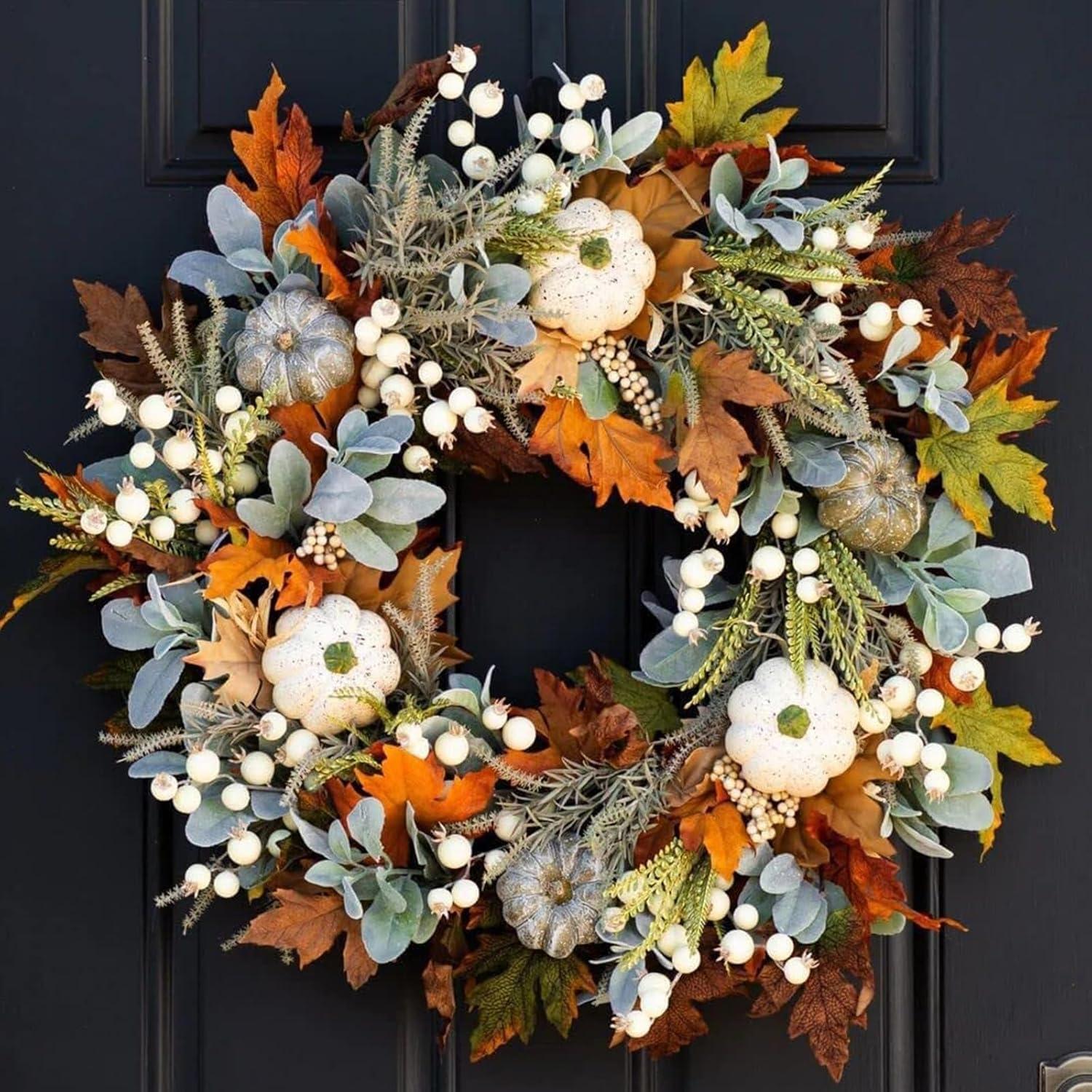 Artificial Fall Wreaths for Front Door Rustic Autumn Wreath with Pumpkin,Rose,Berry Branchesm,Mixed Leaves Thanksgiving Wreath Fall Door Wreath for Halloween Thanksgiving Indoor Outdoor Decor (A15.7)