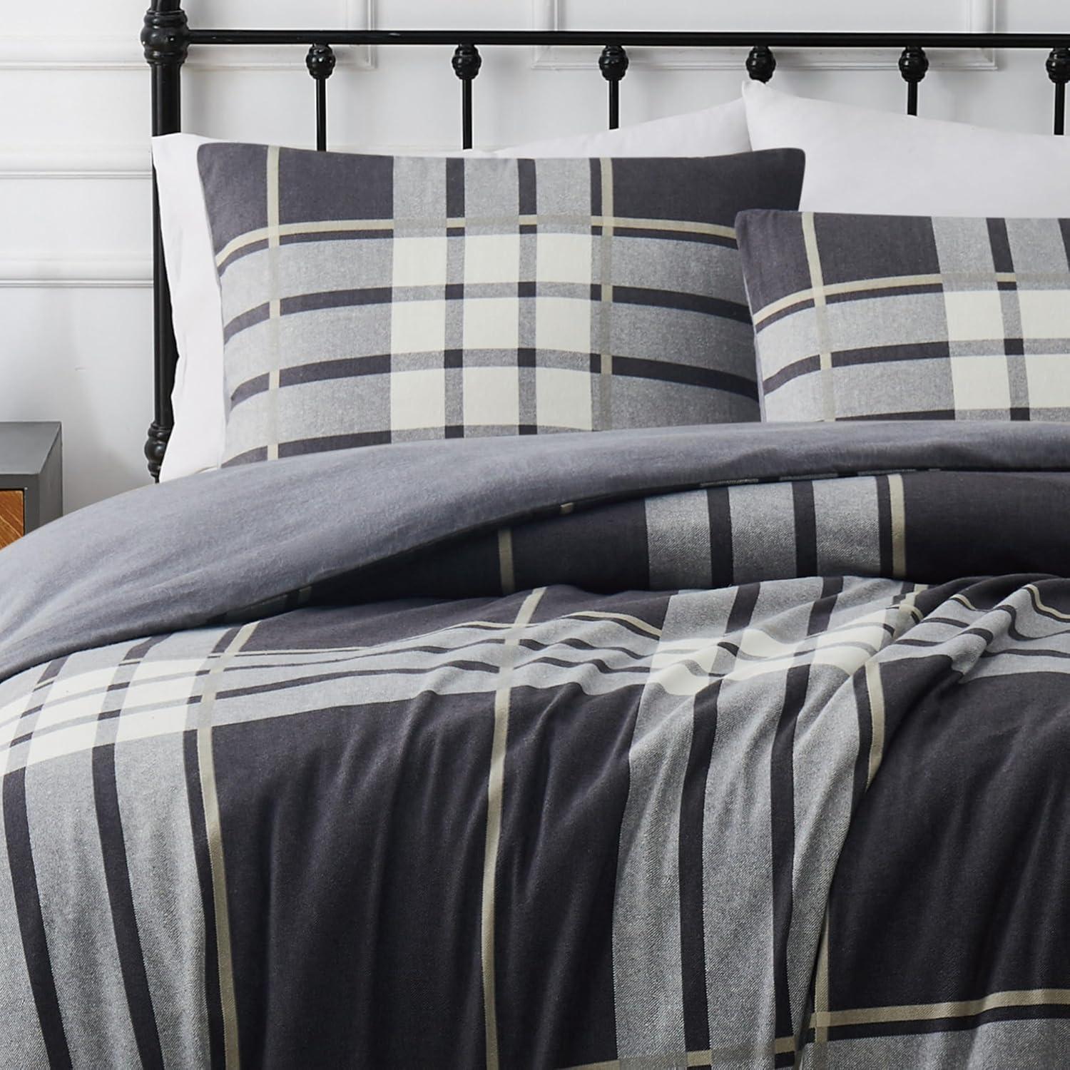 2pc Twin/Twin Extra Long Milo Plaid Flannel Duvet Cover Set Gray - Truly Soft: Cotton Material, 180 Thread Count, Includes Sham