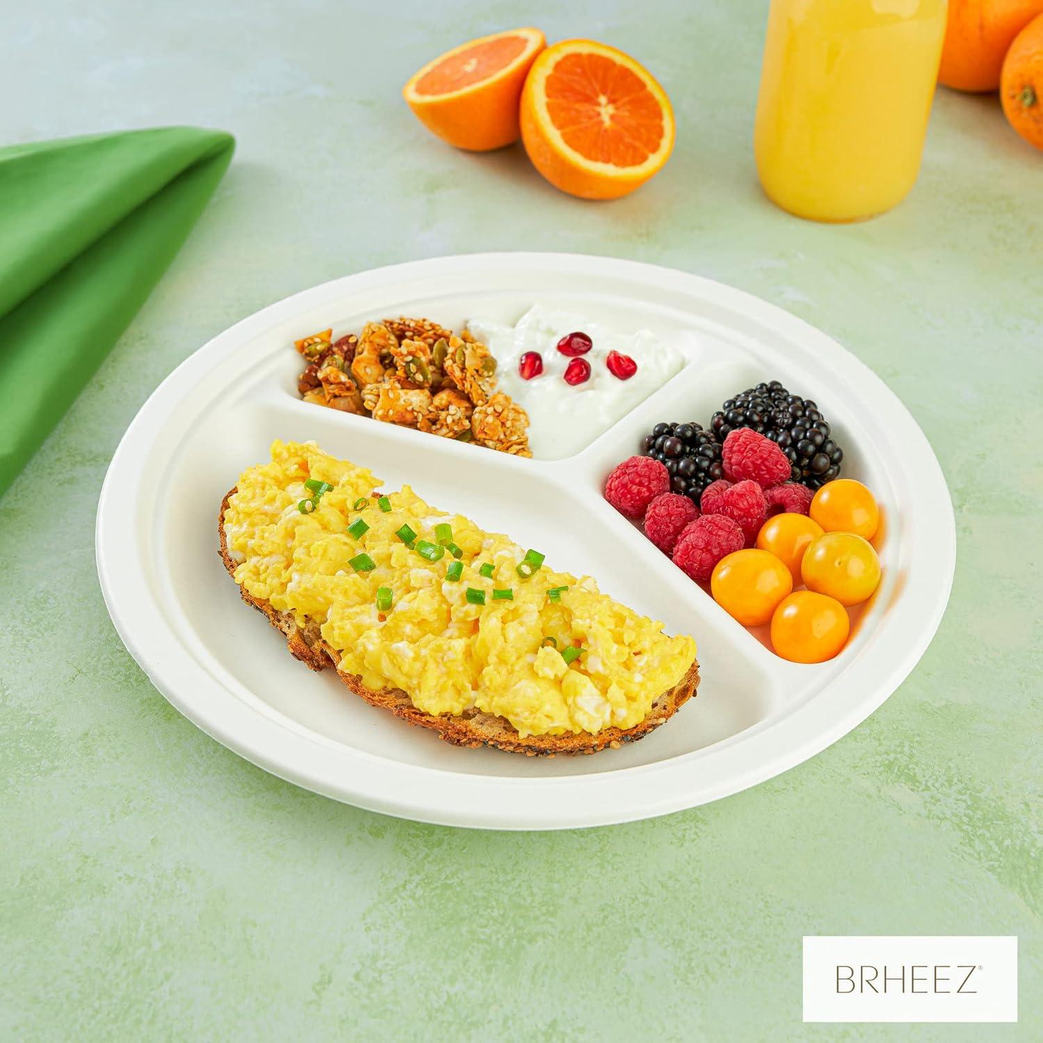 Brheez Heavy Duty Round 3-Compartment Disposable Plates - 100% Biodegradable & Compostable Sugarcane, 10", 440-pack