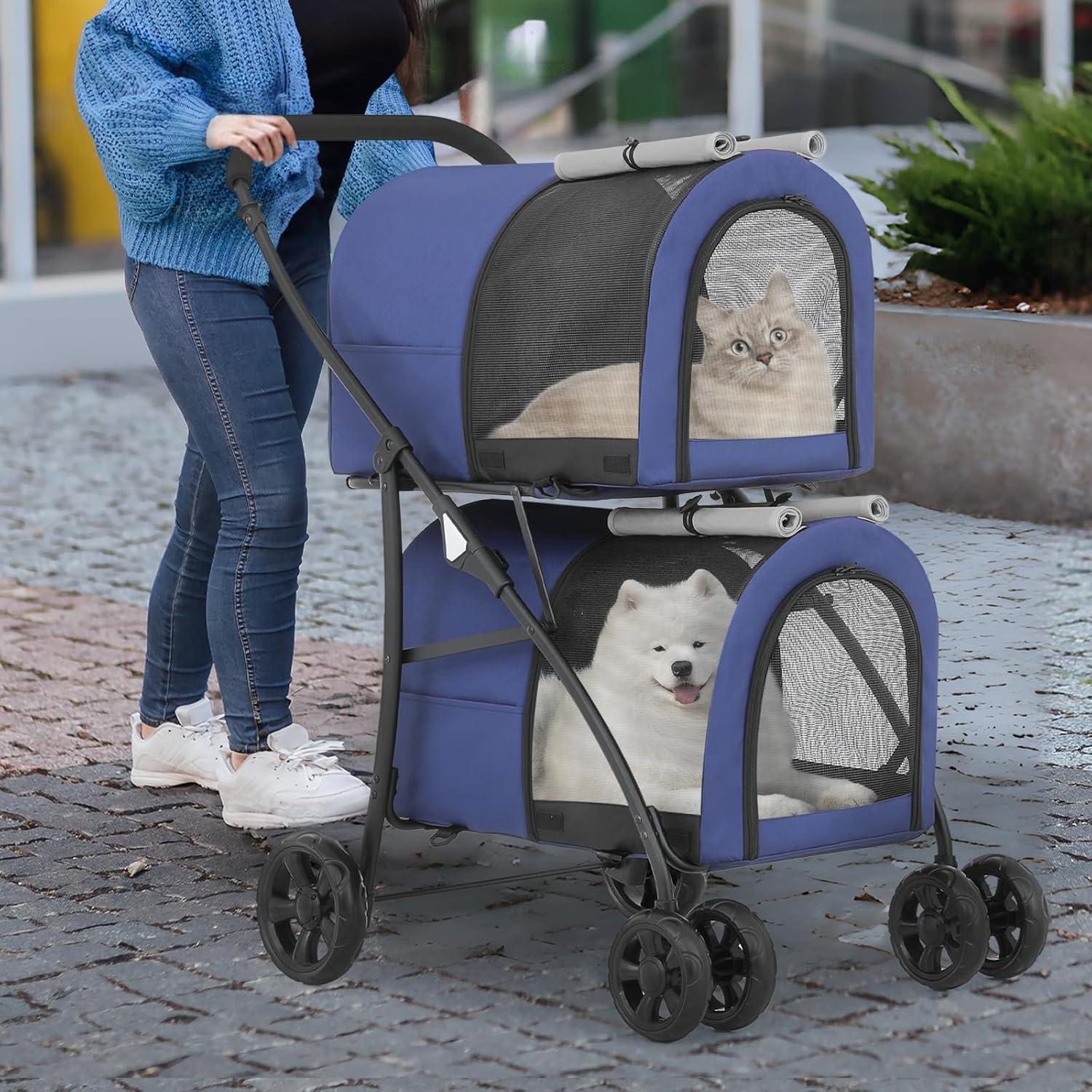 MoNiBloom 4 in 1 Double Pet Stroller, Foldable Cat Stroller for 2 Cats/Dogs with Detachable Carrier Bags & Rear Brakes, Navy Blue/Gray