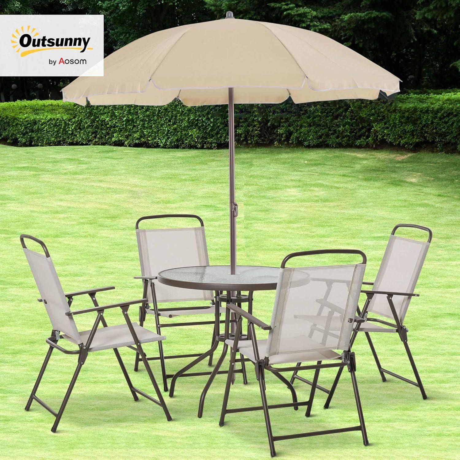 Outsunny 6 Piece Patio Dining Set for 4 with Umbrella, 4 Folding Dining Chairs & Round Glass Table for Garden, Backyard, and Poolside, Beige