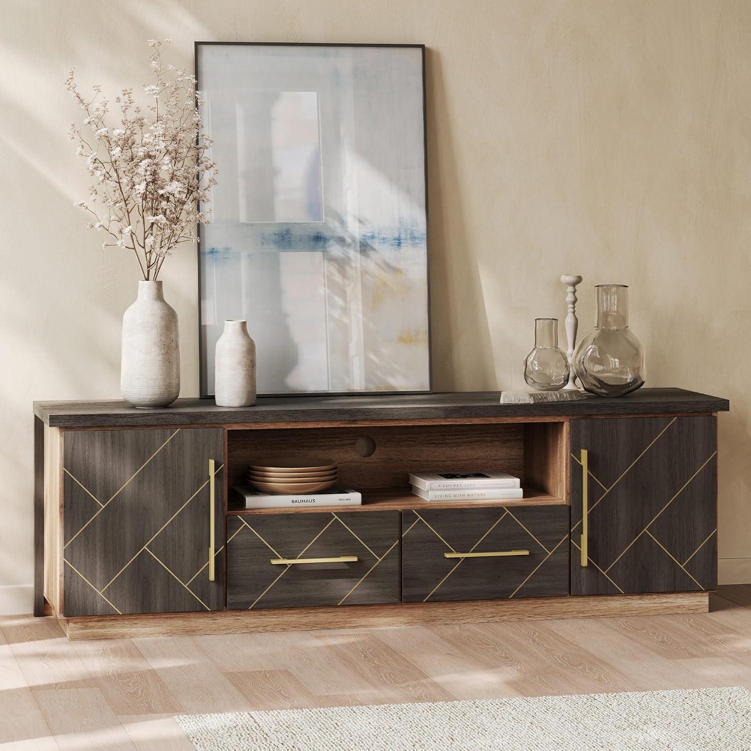 BELLEZE 70 Inch Modern TV Stand with Gold Trim, Elegant Entertainment Center with Storage, Media Console Table with Drawers & Open Shelves for Living Room, Bedroom, Home Theater (Espresso Black)