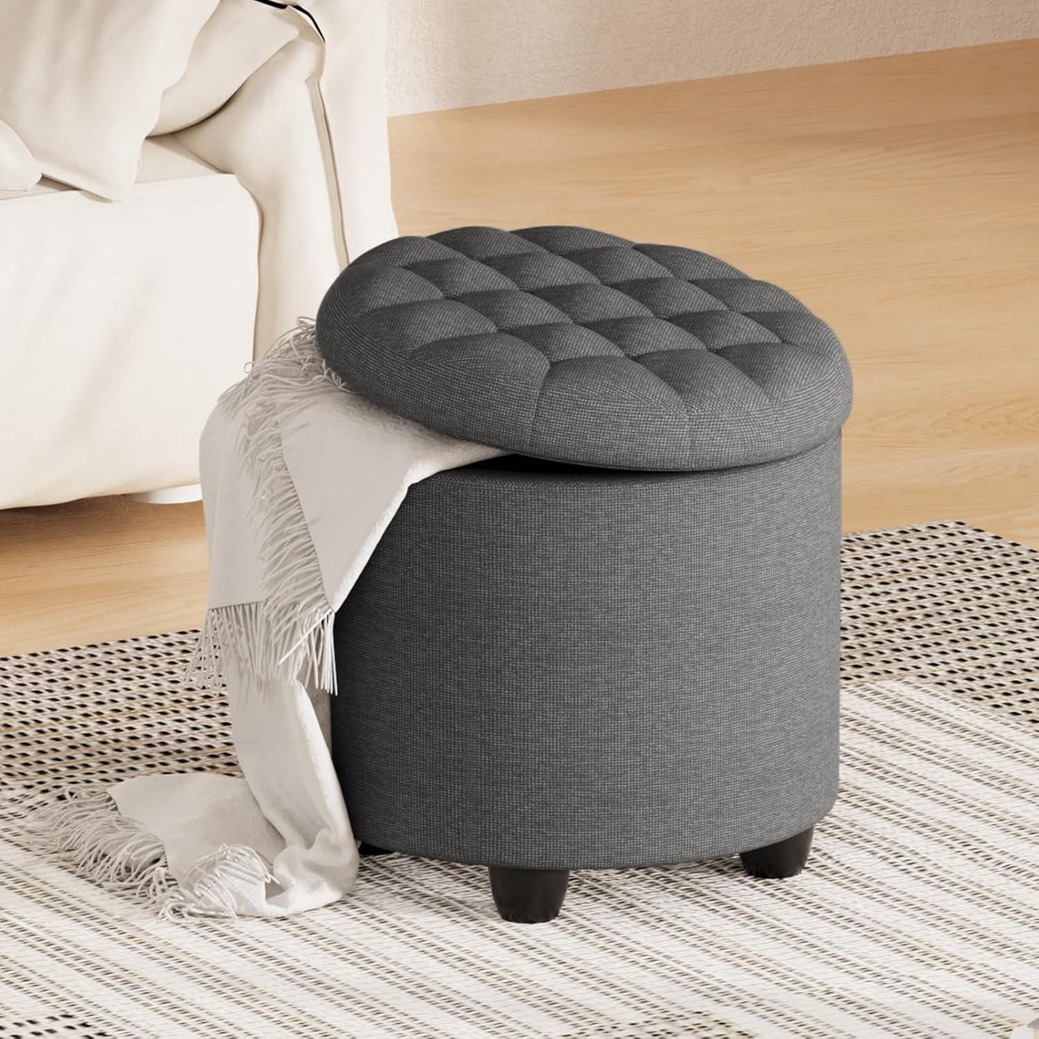 Furniliving Modern Upholstered Round Storage Ottoman Linen Footrest Stool Ottoman Bench, DarkGray